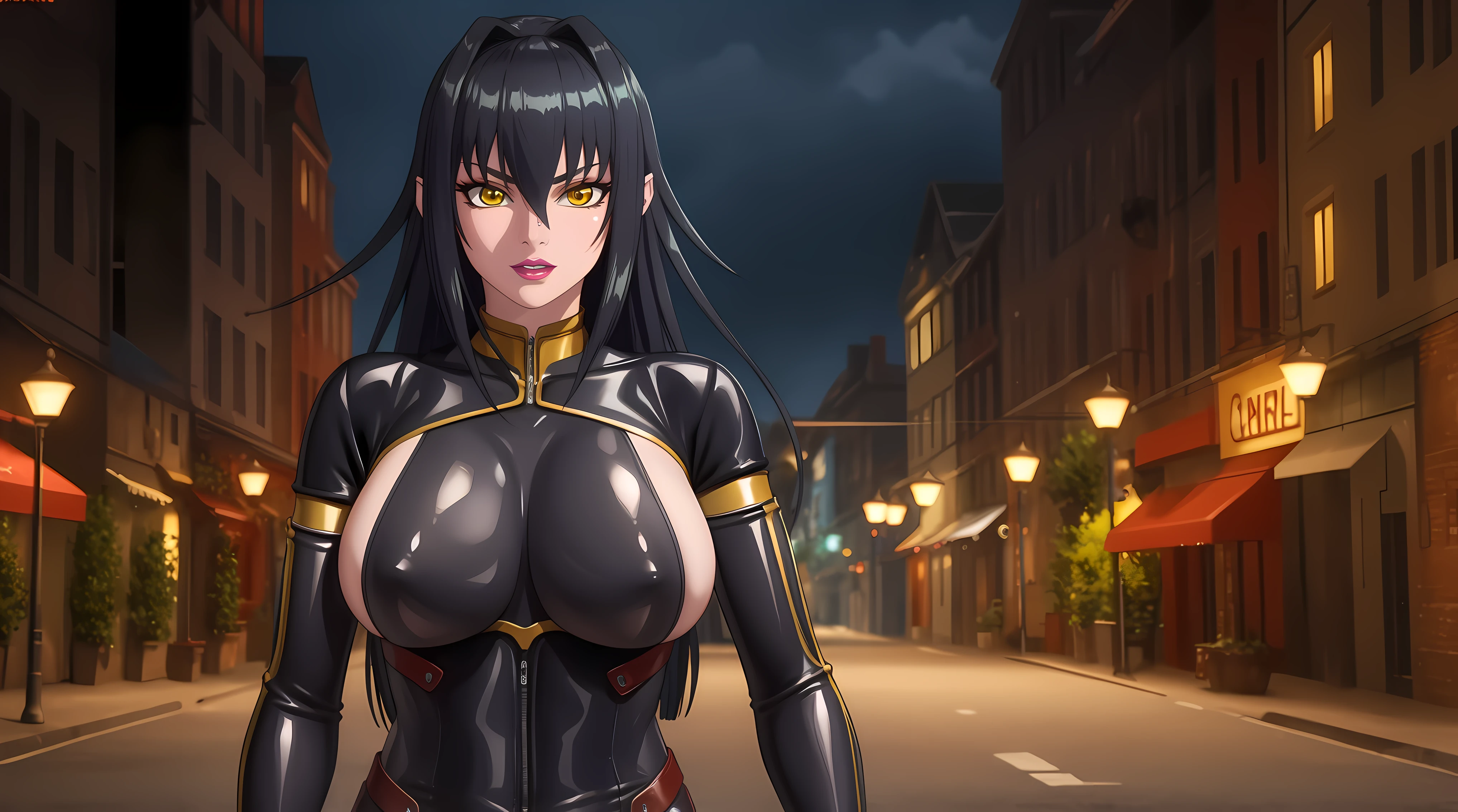 (masterpiece:1.4),(best quality:1.4),  soft lighting, cinematic bloom, beautiful face, beautiful eyes, cowboy shot,
Annerose, 1girl, solo, female mature, black hair, long hair, (yellow eyes:1.4), large breasts, bodysuit, higheels, shiny clothes, skin tight, hair intakes, covered breasts, sideboob, exquisite eyes detail, exquisite character design unity details 8k hdr, professional art, landscape, (solo:1.5, cowboy shot:1.5)