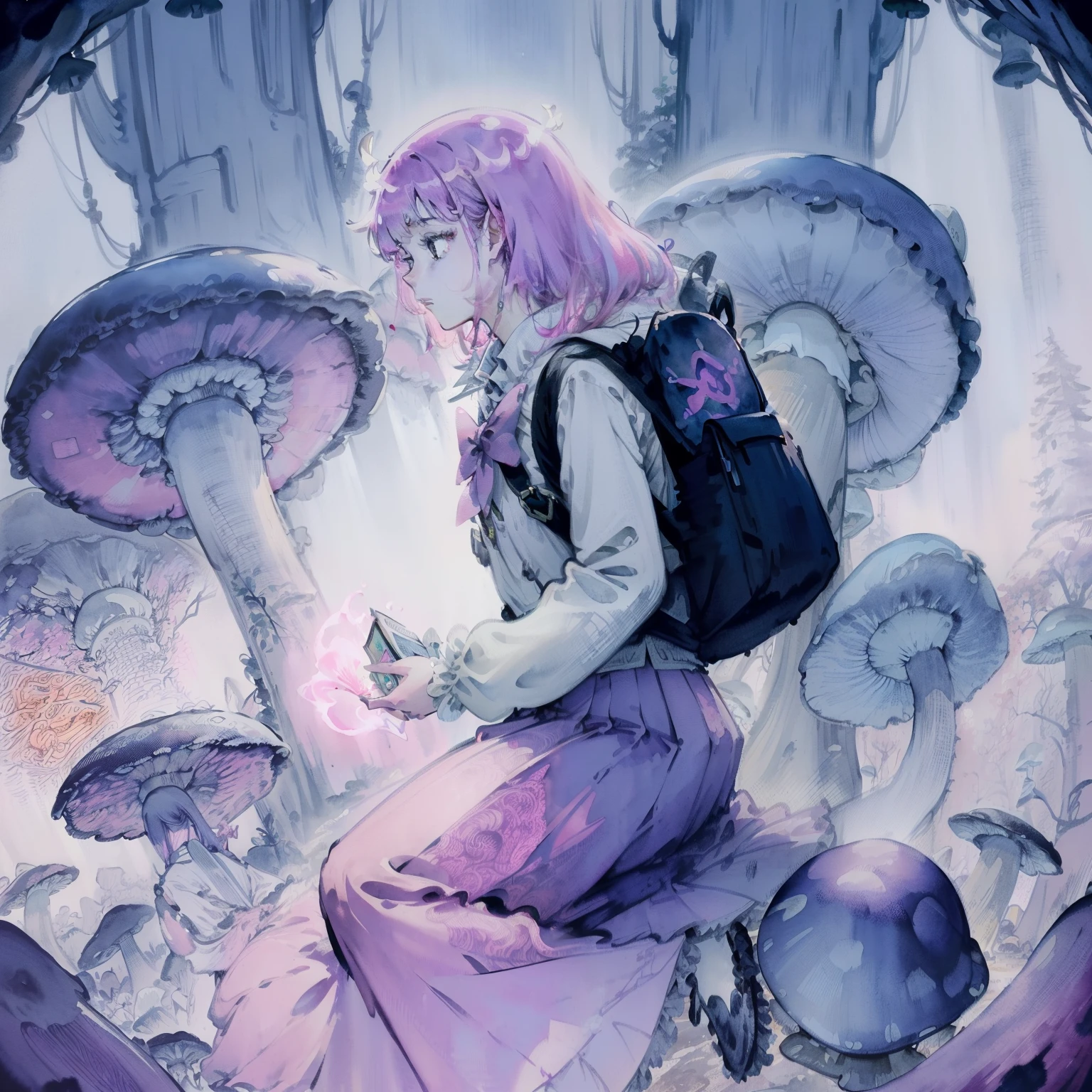 Beautiful and aesthetic,, Solo,Cute,Pink hair,pleatedskirt，Dance，Cogumelos，Mushrooms，Huge mushrooms，spore，(glowing ambiance, enchanting glow, luminouslighting, Ethereal atmosphere,Watercolor illustration, Perfect anatomy, Masterpiece, Best quality, 1girll, li,elookbag，Nature, landscape