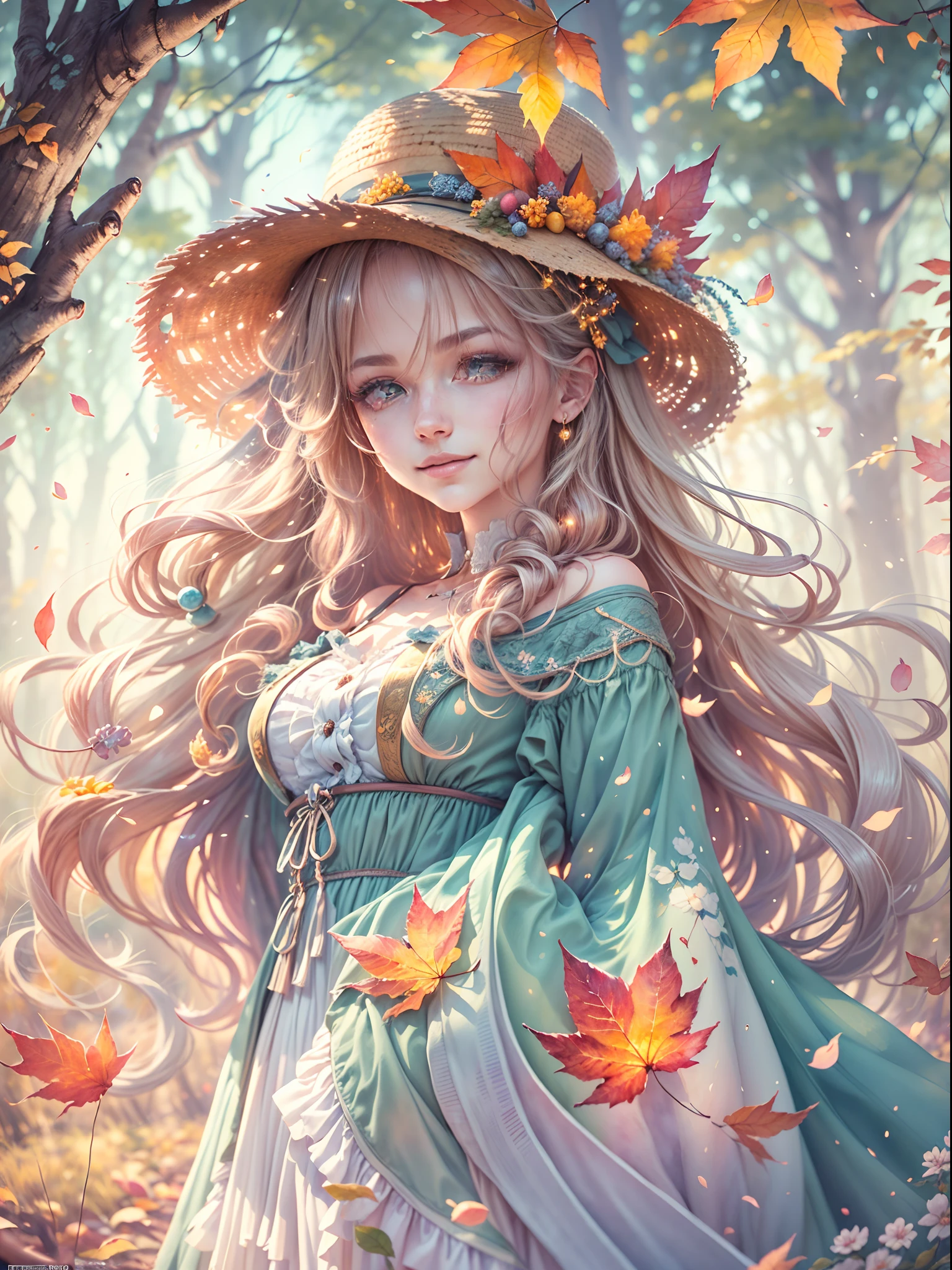 ((tmasterpiece:1.4, best qualtiy))+, (ultra - detailed)+,(watercolor paiting:1.2),Cute 1girl，Straw hat，blossoms，Light cyan hair，Very long hair，Aqua blue eyes，flatchest，Keep your mouth shut，Smiling,(a blue dress:1.3),Shoulders exposed，Bow knot，Side angle,Autumn landscape，The leaves are yellow，maple trees，eventide，riverbank，lake reflection，The sky is full of color，Orange-red sunset，The afterglow diverges，Big Mountain，Far Mountain，contours，Scenic beauty， (Bright colors，Warm light source:1.2), (the woods，Bare branches:1.2)（Very detailed CG unification，8k wallpaper），（The best picture quality），(illustratio：1.0）、intricately details, Epic composition、Realistic lighting、high definition detail、((tmasterpiece))、(Beautiful wildlife and natural wonders，With glowing lights)