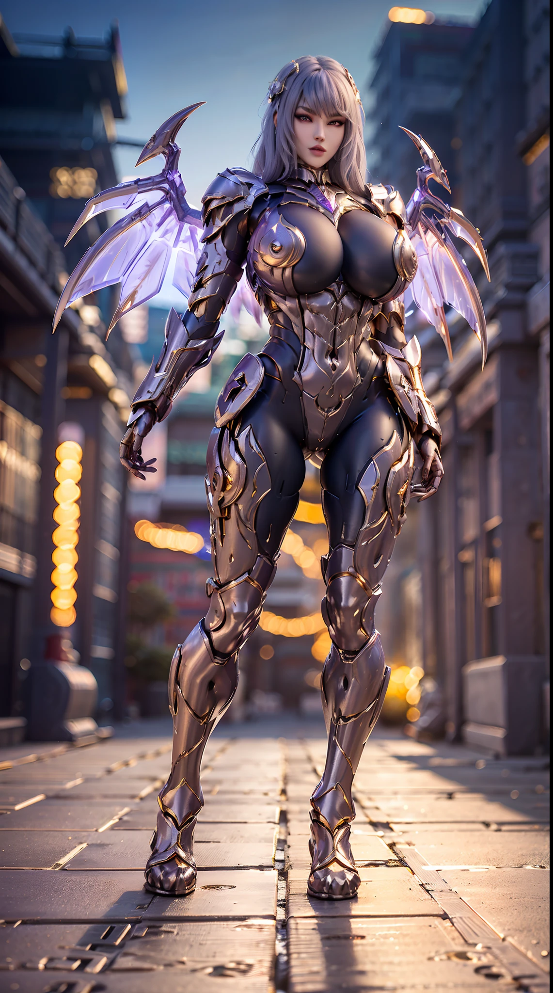 (DRAGON HEAD), (BUSTY HUGE FAKE BOOBS), (BEAUTIFUL FACE), (WHITE HAIR), (WHITE, PURPLE, GOLD, ARMOR), (PHOENIX ARMORED GEAR), ((A PAIR OF LARGEST PEACOCK DOUBLE WINGS)), SKINTIGHT PHOENIX MECHA LATEX SUIT, (CLEAVAGE), (SKINTIGHT YOGA PANTS), (SEXY LEGS), (LOOKING ON VIEWER), (FULL BODY), ((STANDING POSE)), (SLENDER), (SEXY BODY), (MUSCLE ABS), UHD, 8K, 1080P.