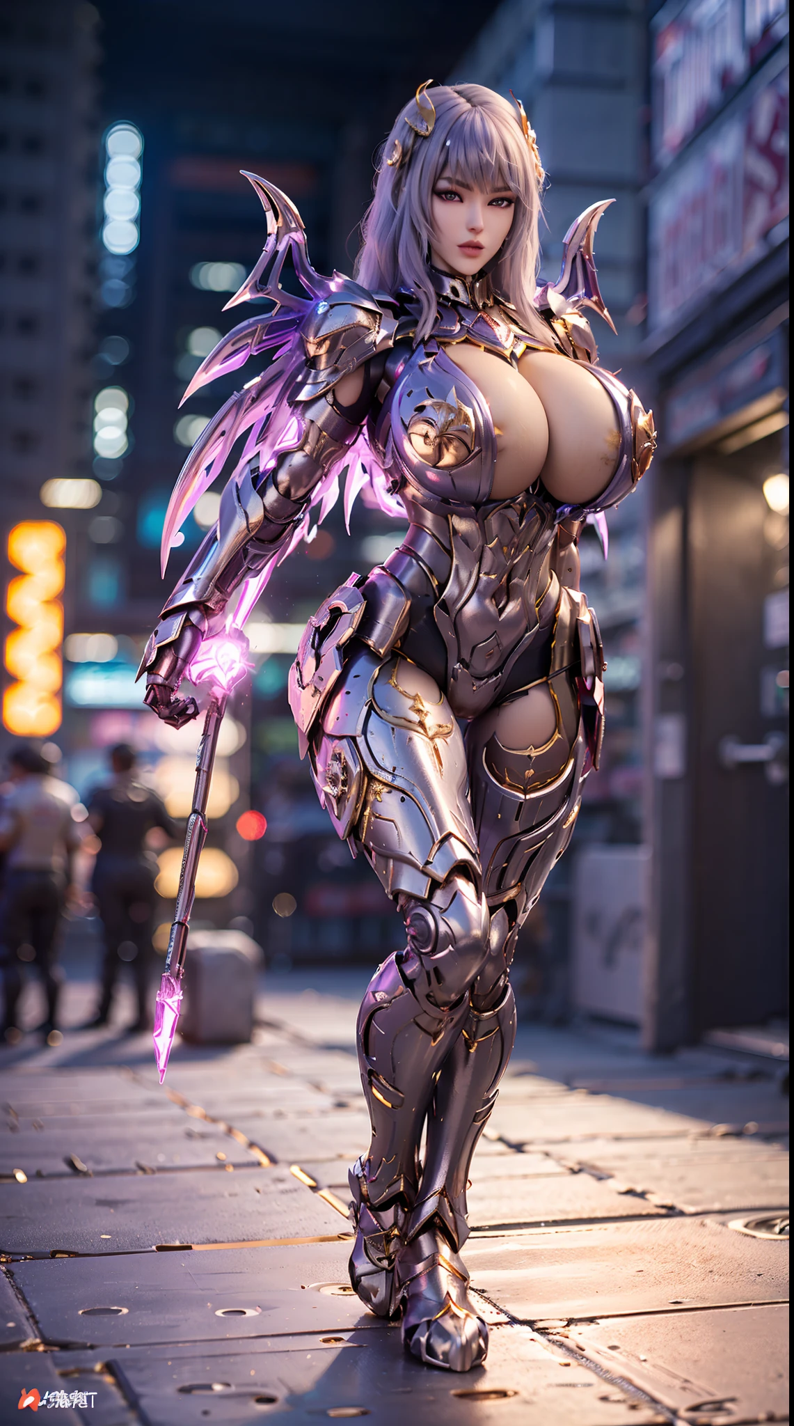 (DRAGON HEAD), (BUSTY HUGE FAKE BOOBS), (BEAUTIFUL FACE), (WHITE HAIR), (WHITE, PURPLE, GOLD, ARMOR), (PHOENIX ARMORED GEAR), ((A PAIR OF LARGEST PEACOCK DOUBLE WINGS)), SKINTIGHT PHOENIX MECHA LATEX SUIT, (CLEAVAGE), (SKINTIGHT YOGA PANTS), (SEXY LEGS), (LOOKING ON VIEWER), (FULL BODY), ((STANDING POSE)), (SLENDER), (SEXY BODY), (MUSCLE ABS), UHD, 8K, 1080P.