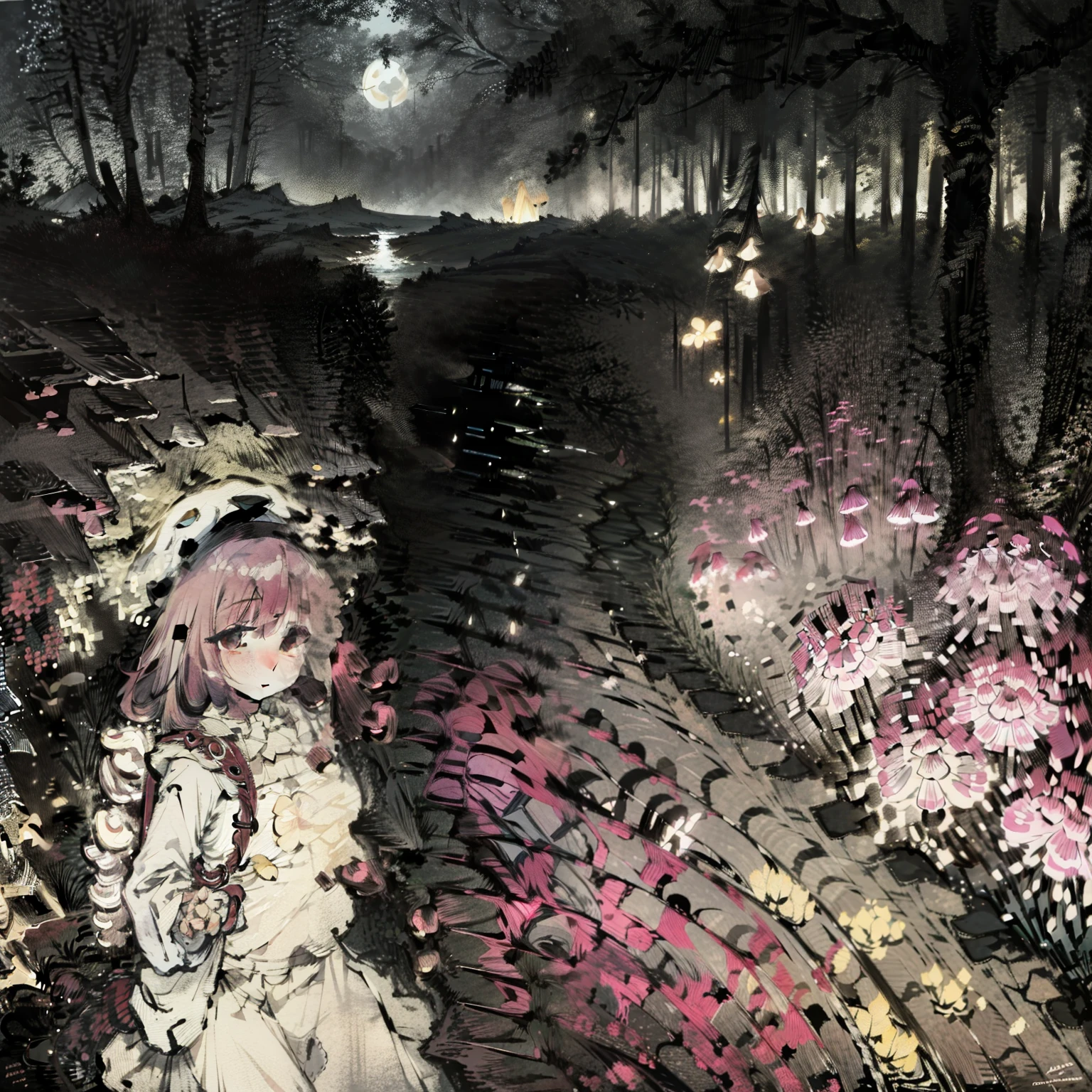 Beautiful and aesthetic,, Solo,Cute,Pink hair,pleatedskirt，Dance，Cogumelos，Mushrooms，Huge mushrooms，spore，(glowing ambiance, enchanting glow, luminouslighting, Ethereal atmosphere,Watercolor illustration, Perfect anatomy, Masterpiece, Best quality, 1girll, ****,elementary student,bookbag，Nature, landscape