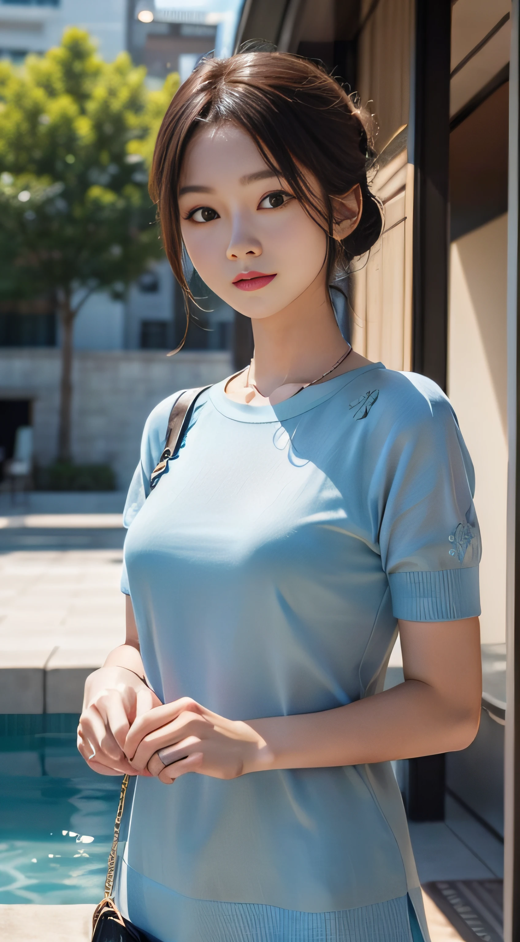 masterpiece、Top image quality:1.2、((beautiful young woman with))、Transparent skin:1.2、{A slight smil}、(kawaii)、Short sleeve knit、luxury hotel、depth of fields