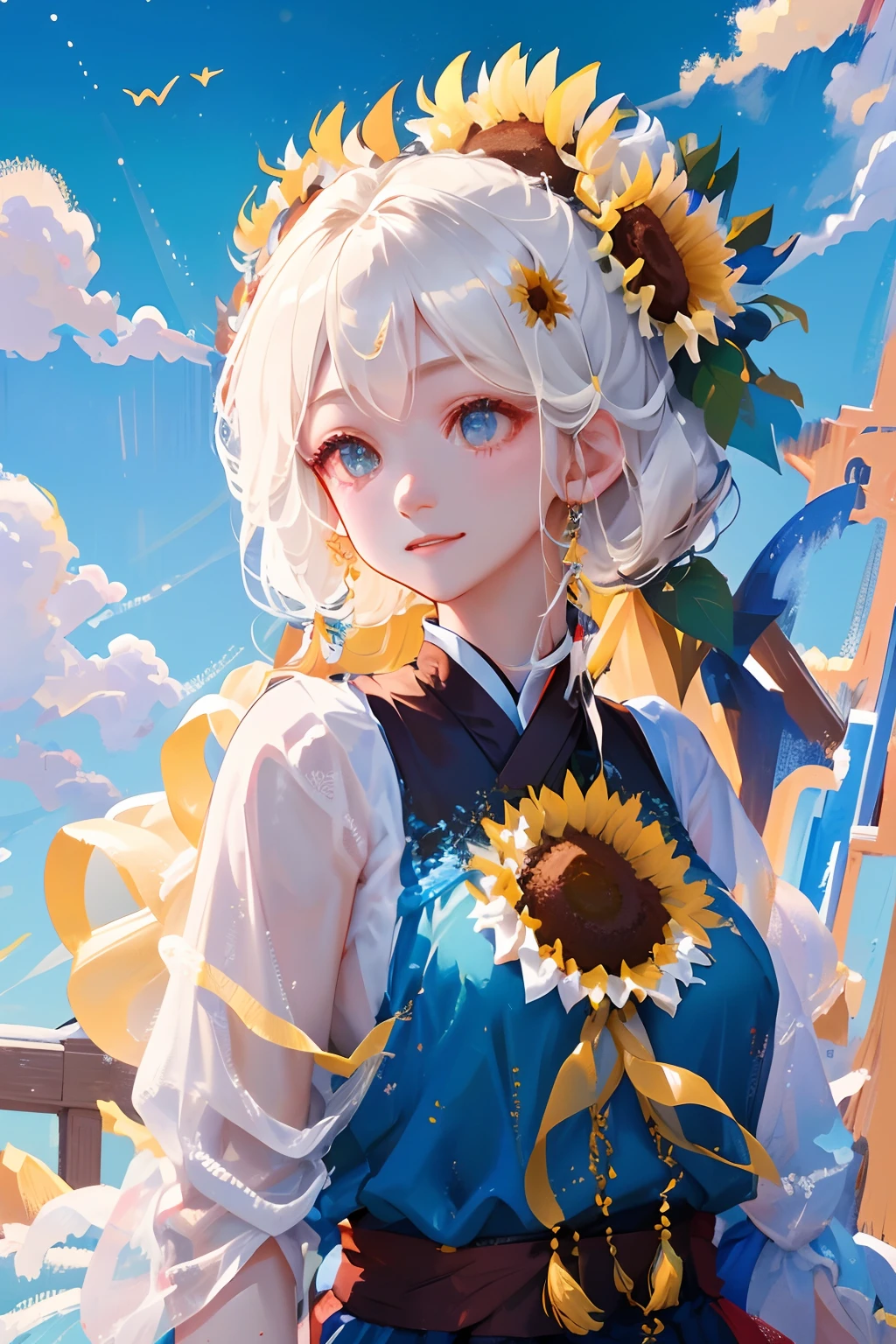 tmasterpiece， high high quality， cinematic Film still from，one-girl，Sunflowers stick to the head，white color hair， Clouds，（oil painted：1.3）， brightly， cheerfulness， intriguing， gentlesoftlighting，