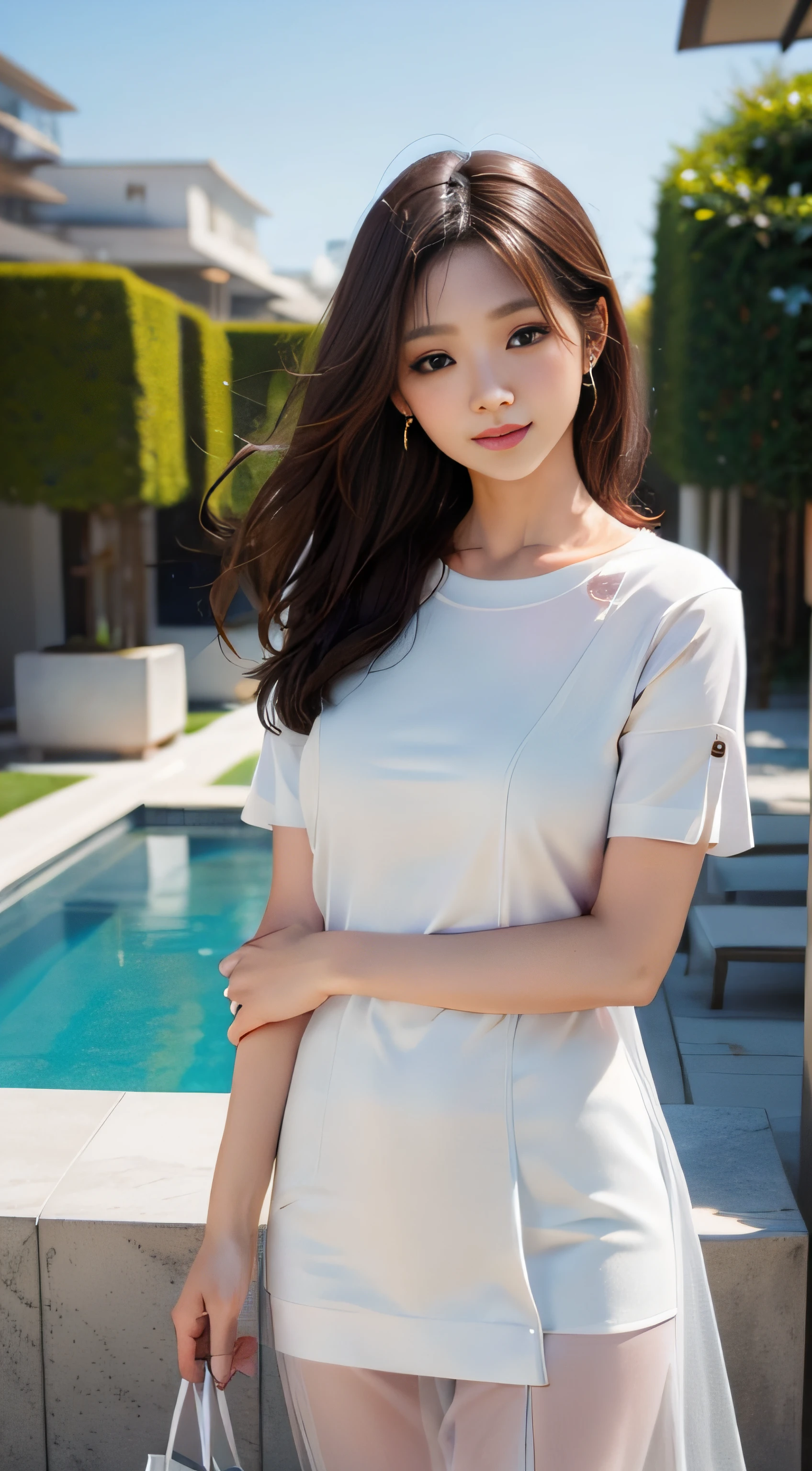 masterpiece、Top image quality:1.2、((beautiful young woman with))、Transparent skin:1.2、{A slight smil}、(kawaii)、Short sleeve knit、luxury hotel、depth of fields