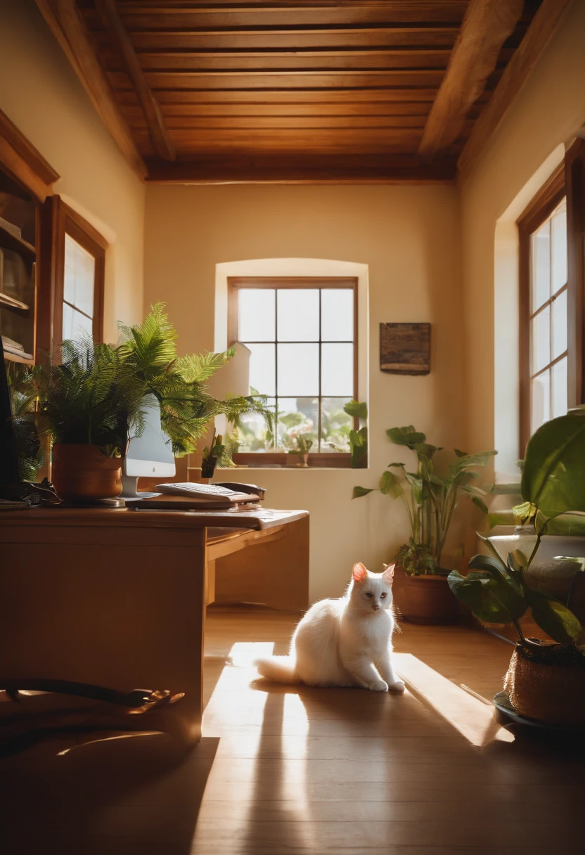 There is a white cat basking in the sun on the computer desk in the office