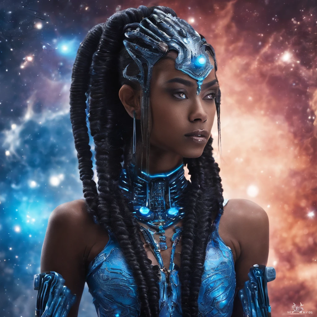 A breathtaking fully -yeld vedark-skinned mixed-race Cambodian Indian female wearing only blue paint-splashed H.R. Giger-style body paint over her entire body and face with a very long, blue cornrow hairstyle plays the out of a custom blue Yamaha Disklavier ENSPIRE PRO.