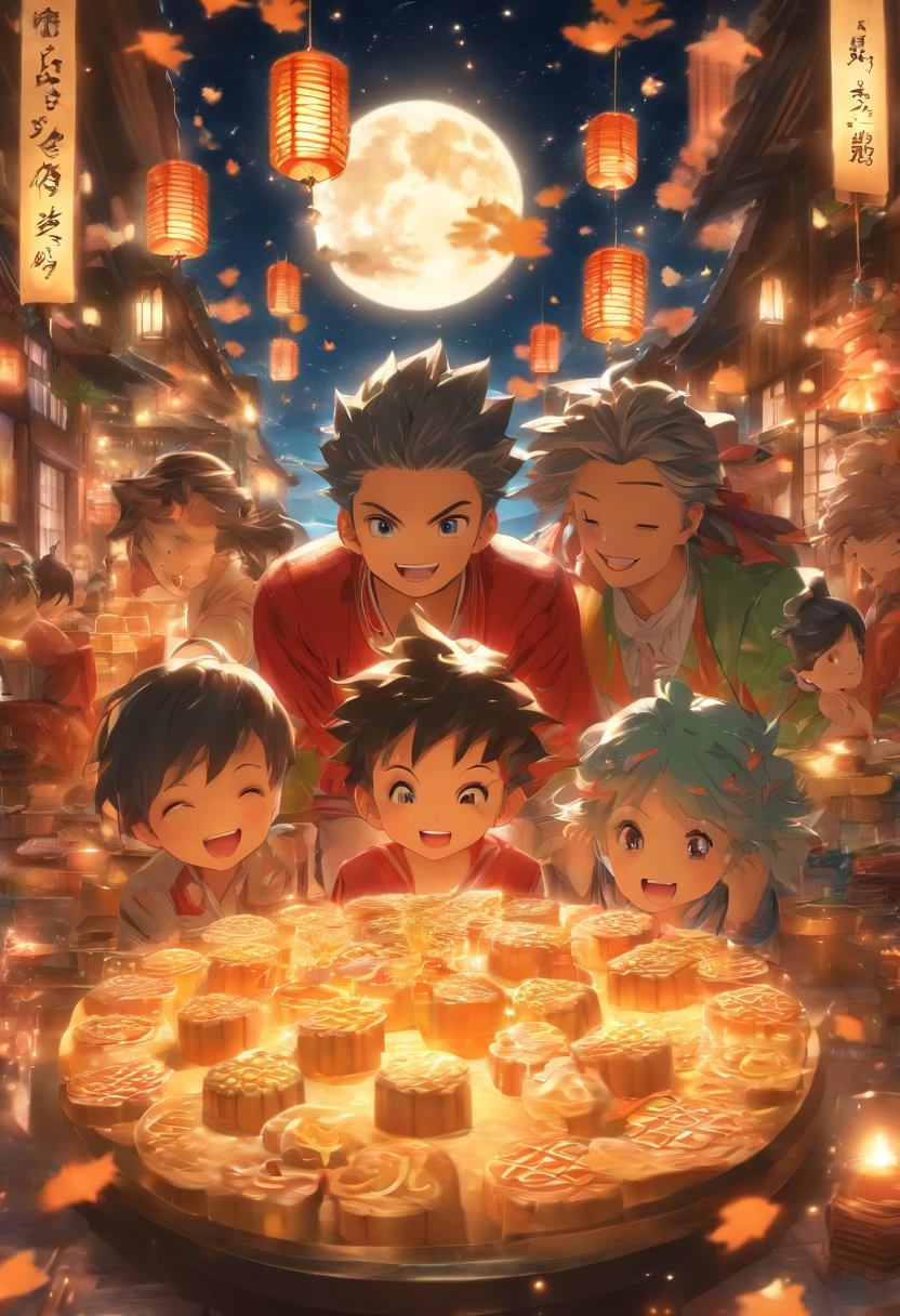 (top-quality、8K、tmasterpiece:1.3)、Full moon and stars in sky illustration，The family sits together eating mooncakes,Mom and dad laugh with the kids，Have in the living room、Bright house scene，extremely detailed face and skin，Heartwarming scene，perfect  detail