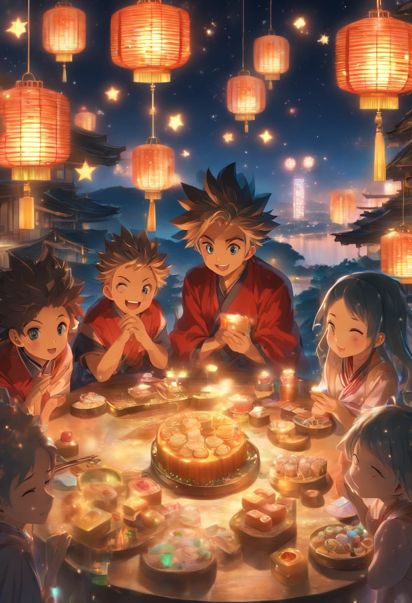 (top-quality、8K、tmasterpiece:1.3)、Full moon and stars in sky illustration,The family sits together eating mooncakes,Mom and dad laugh with the kids,Have in the living room、Bright house scene,extremely detailed face and skin,Heartwarming scene,perfect detail