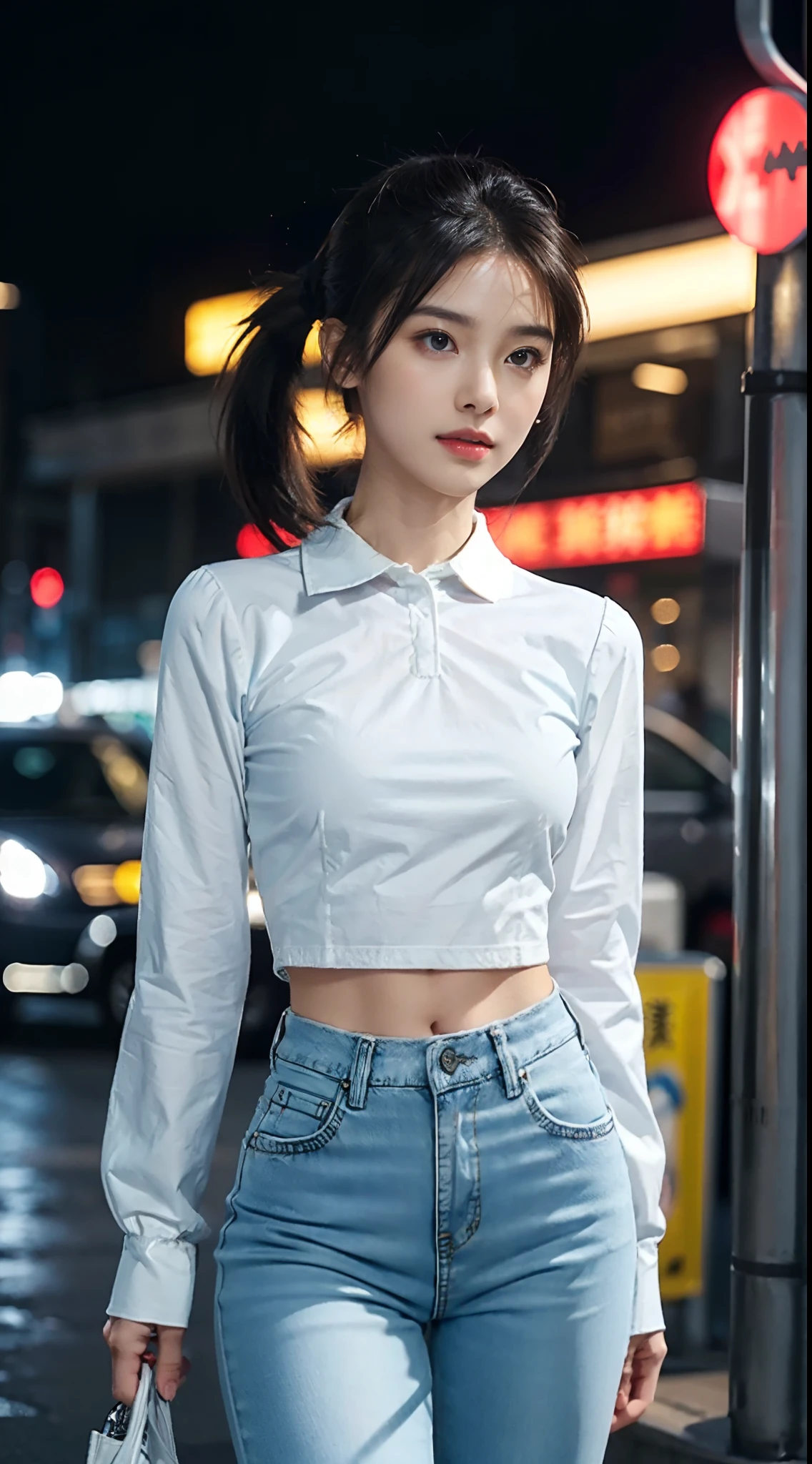 (shoulder length straight short black hair: 1.3), （Extremely meticulous CG 8k wallpaper），（Extremely refined and beautiful），（Masterpiece），（best qualtiy：1.0），（Ultra High Resolution：1.0），beautiful light up，Perfect lightning，realistic shaded，[A high resolution]，Smooth and flawless fair skin，Extremely exquisite facial details，（perfect body：1.1），ultra - detailed，A beautiful girl，small head，(very Short ponytail:1.5),(Small breasts:1.1)，Flat chests，slim，thin，Smile，cheerfulness，(White Long Sleeved collared blouse:1.5），（Light blue long denim pants:1.3),Slender legs,(Black military boots:1.2),standing,(Well-cut abdominal muscles:1.2),At a convenience store, bright lights,Portrait photo