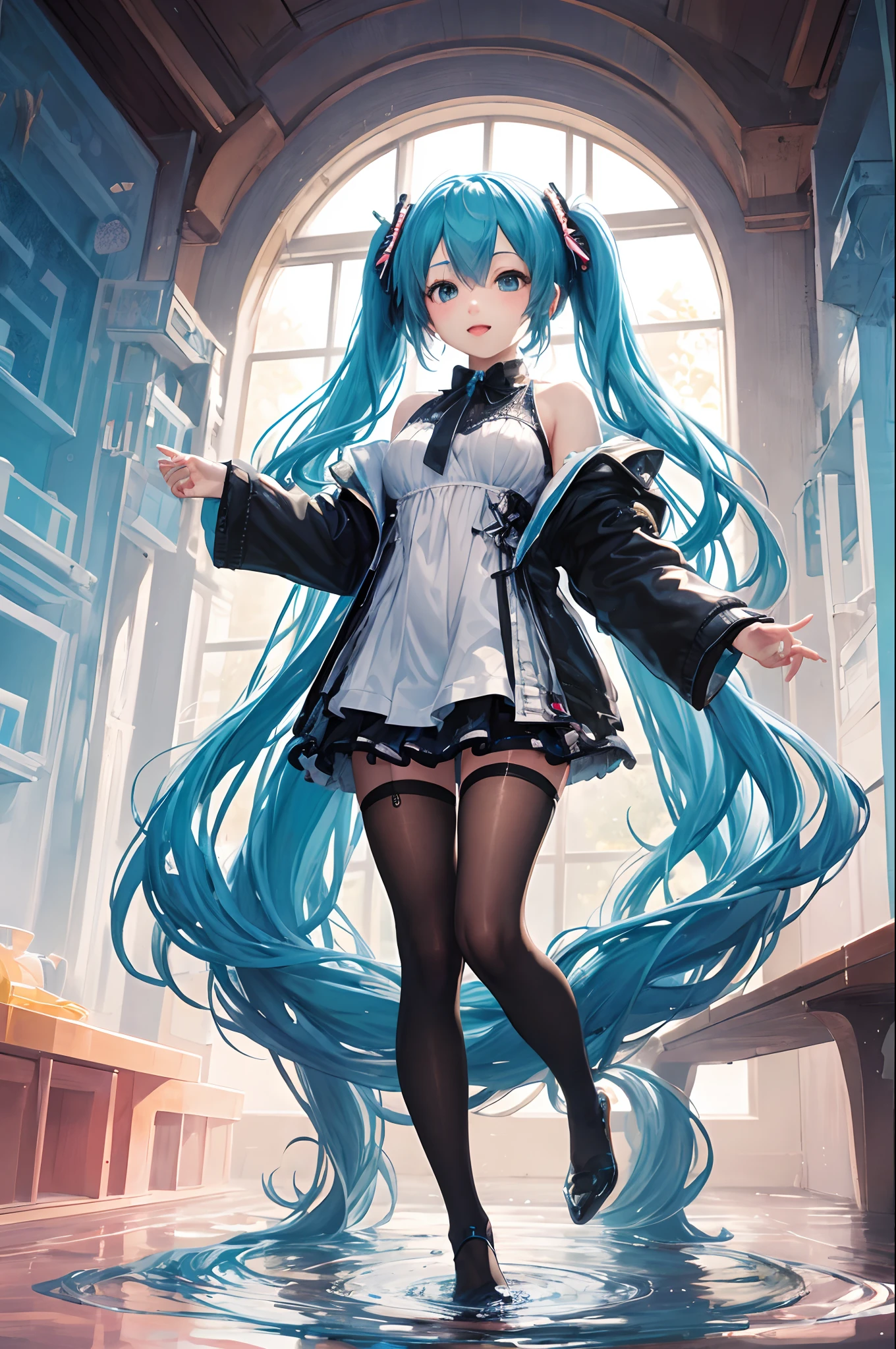 (masterpiece、top-quality、Official art:1.2)、(colourfull)、miku hatsune、see the beholder、1girl in、portlate、独奏、Colorful water levitation