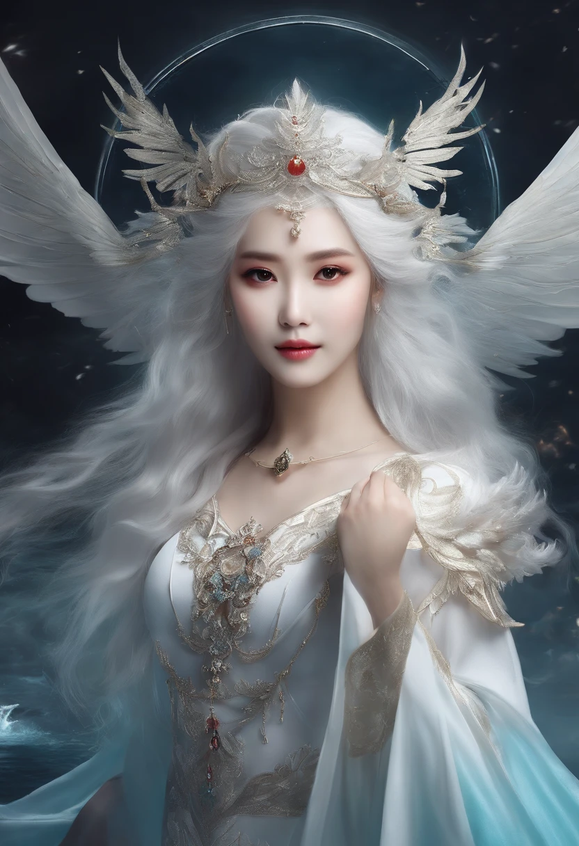 There is a photo of a woman in a fairy costume, 千 葉 雄 大, queen of the sea mu yanling, White-haired god, xianxia fantasy, exquisite and handsome wings, full-body xianxia, big white glowing wings, xianxia hero, drak, ethereal essence, Female King of Change avatar frame