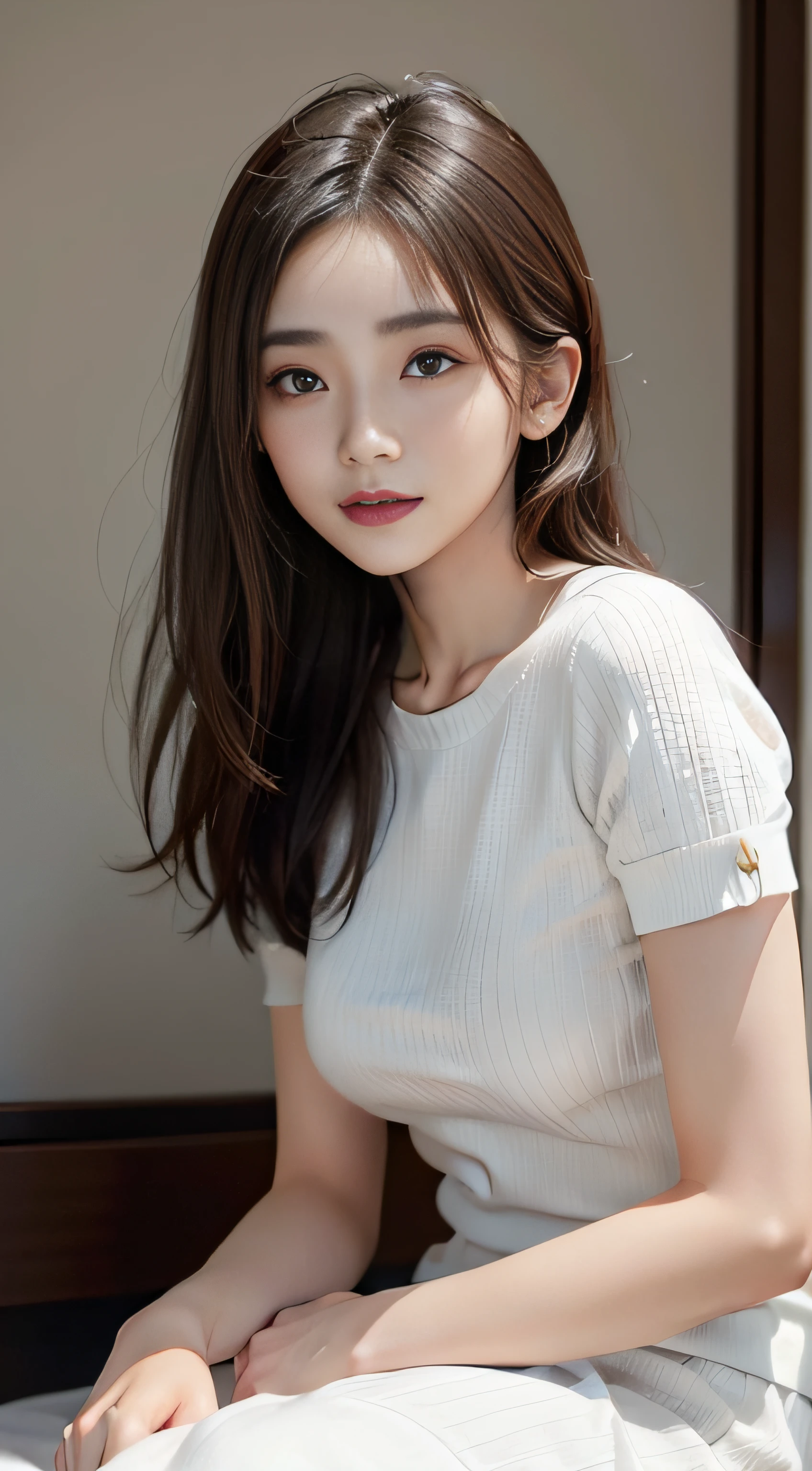 masterpiece、Top image quality:1.2、((beautiful young woman with))、Transparent skin:1.2、{A slight smil}、(kawaii)、Short sleeve knit、luxury hotel、depth of fields