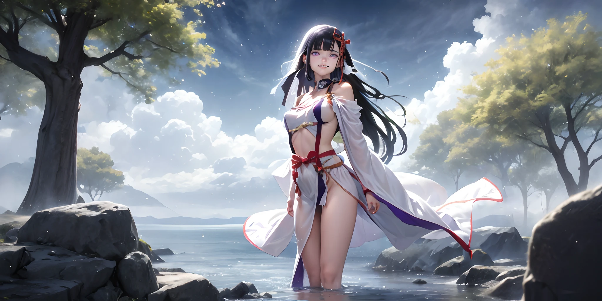 yamashiro768, (black hair, long hair, purple eyes:1.4), hair ornament, a woman that is standing in the water, inspired by Krenz Cushart, pixiv contest winner, fantasy art, dressed in a green robe, white loincloth, anime style. 8k, the goddess, realistic anime artstyle, trending anime art, the empress, biblical female