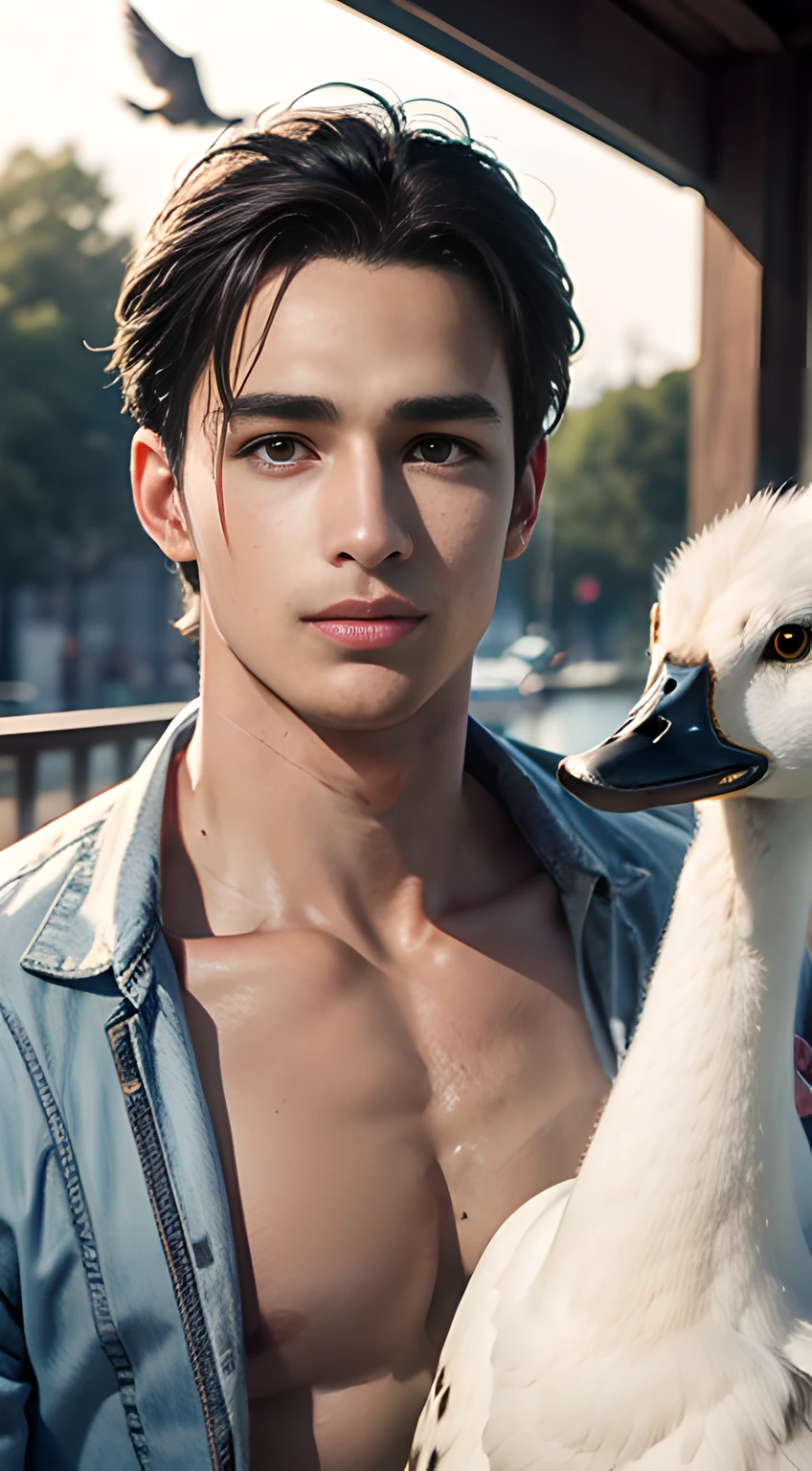 Young handsome cute beautiful skinny white face without shirt  con una koala 