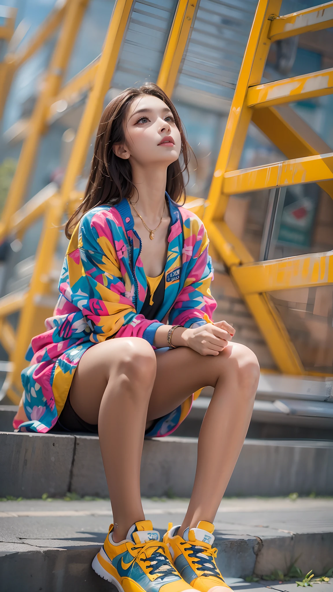 Girl in colorful dress，(Look up:1.5)，athletic sneakers，Shallow space，Urban architectural background，Sit Pose，Best quality, Masterpiece, 8K，depth of fields