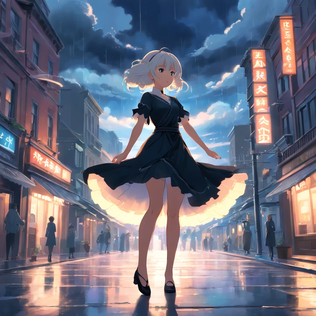 A beautiful Princess dancing in the streets, black silk dress, white wavy hair, Gothic victorian city, gloomy , clouds, raining,