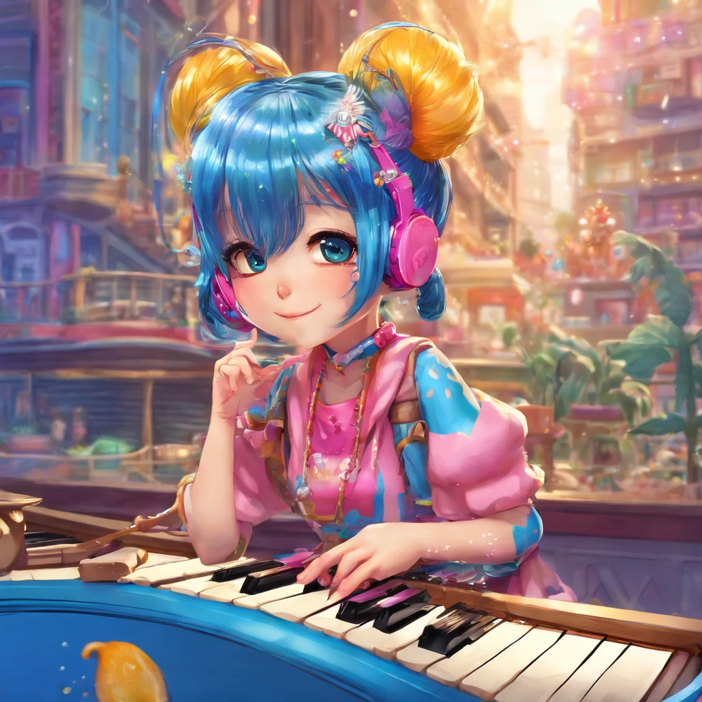 A breathtaking fully 12-year-old very dark-skinned mixed-race Cambodian Indian female wearing only blue paint-splashed H.R. Giger-style body paint over her entire body and face with a very long, blue cornrow hairstyle plays the out of a custom blue Yamaha Disklavier Enspire Pro Grand Piano.