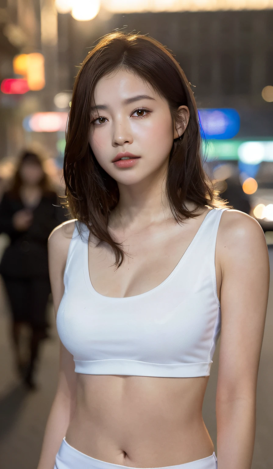 ((Realistic lighting, Best quality, 8K, Masterpiece: 1.3)), Clear focus: 1.2, 1girll, Perfect figure: 1.4, Slim abs: 1.1, ((Dark brown hair)), (White crop top: 1.4), (En plein air, Night: 1.1), Blurred city streets , Super fine face, Fine eyes, Double eyelids,