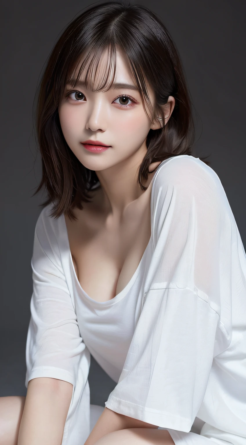 Innocent 20 year old girl、((Oversized white T-shirt,Dramatic poses)),Smile,short-cut,Park background、Raw photo, (8K、top-quality、masterpiece:1.2)、(intricate detailes:1.4)、(Photorealsitic:1.4)、octane renderings、Complex 3D rendering ultra detail, Studio Soft Light, Rim Lights, vibrant detail, super detailing, realistic skin textures, Detail Face, Beautiful detail eyes, Very detailed CG Unity 16k wallpaper, make - up, (detailedbackground:1.2), shinny skin, Full body、From head to thigh、cleavage of the breast,((Sit with your legs open、Put your hands on the ground))