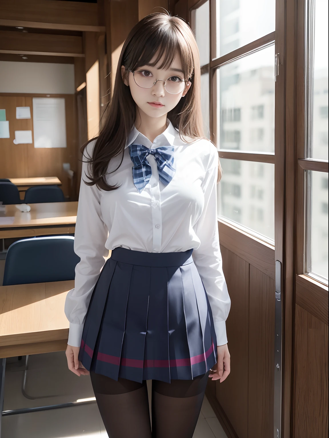 Full body shot、Full body shot、8k、best image quality、masterpiece、((School。Classroom desks and chairs))、青春映画のワンscene、scene、sunny、summer vacation、japanese summer、 girl、Face of a beautiful Japan girl、smile、small face、open your mouth、Japanese high school girl meets her friends in the classroom。She was surprised、short sleeve shirt、((black rim square glass glasseini skirt、ブリーツhiny skin of teenage girls、Slender、Neat and clean hairstyle、low person、short bob、side shot、fine eyes、slender body、slender legs、white socks、loafers、