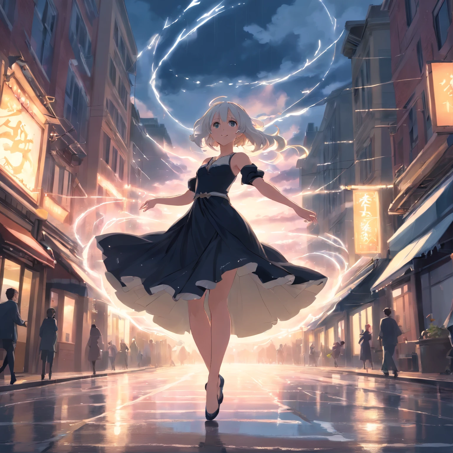 A beautiful Princess dancing in the streets, black silk dress, white wavy hair, Gothic victorian city, gloomy , clouds, raining,