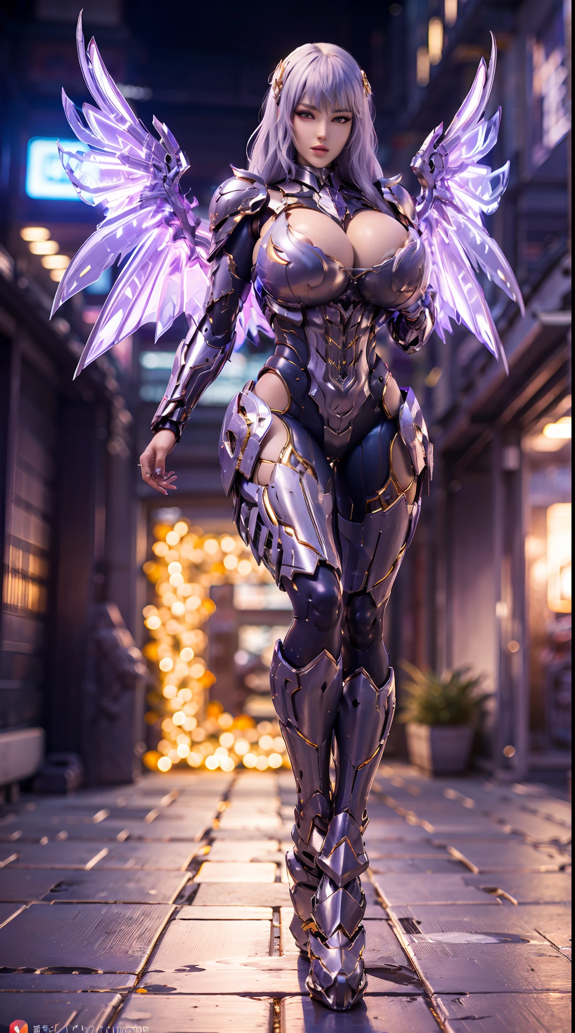 (PHOENIX HEAD), (BUSTY HUGE FAKE BOOBS), (BEAUTIFUL FACE), (WHITE HAIR), (WHITE, PURPLE, GOLD, ARMOR), (PHOENIX ARMORED GEAR), ((A PAIR OF LARGEST PEACOCK DOUBLE WINGS)), SKINTIGHT PHOENIX MECHA LATEX SUIT, (CLEAVAGE), (SKINTIGHT YOGA PANTS), (SEXY LEGS), (LOOKING ON VIEWER), (FULL BODY), ((STANDING POSE)), (SLENDER), (SEXY BODY), (MUSCLE ABS), UHD, 8K, 1080P.