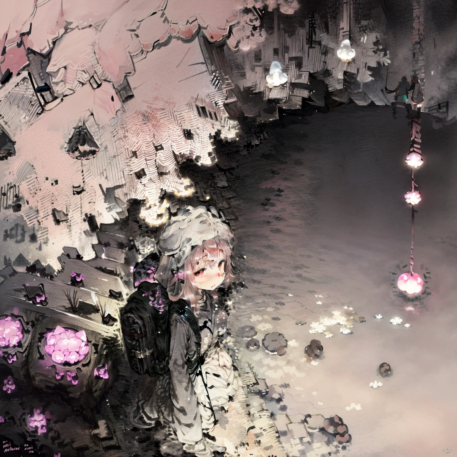 Beautiful and aesthetic,, Solo,Cute,Pink hair,pleatedskirt,Dance,Cogumelos,Mushrooms,Huge mushrooms,spore,(glowing ambiance, enchanting glow, luminouslighting, Ethereal atmosphere,Watercolor illustration, Perfect anatomy, Masterpiece, Best quality, 1girll, li,elookbag,Nature, landscape