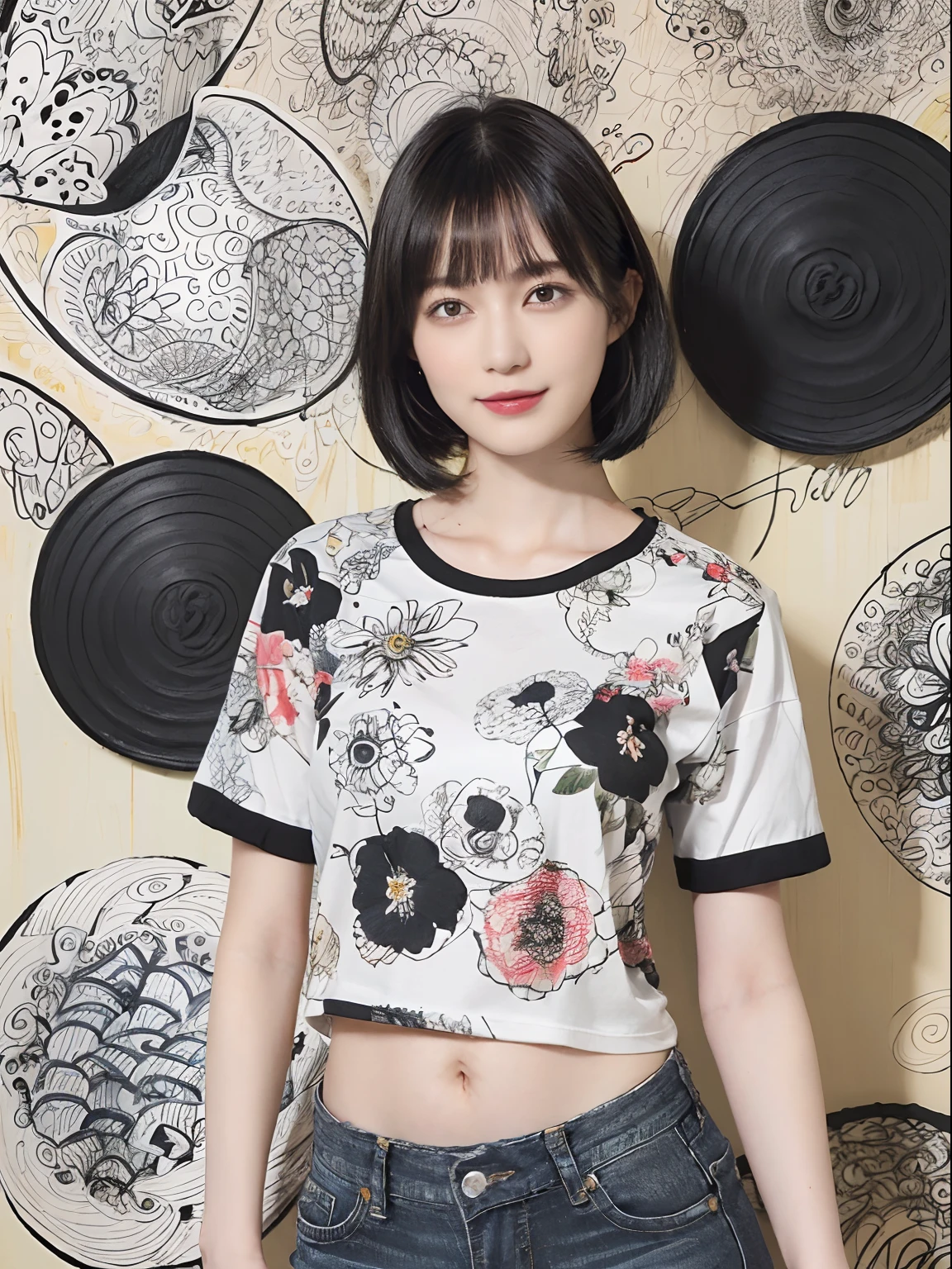 (Black Shorthair:1.2), (a 20 yo woman), (A hyper-realistic), (Masterpiece), (8KUHD), A slight smil, Slender waist, Wearing jeans, ((Floral Clothing - T-Shirts)), large full breasts, Wearing long pants, abstract painting, (doodle:1.46)