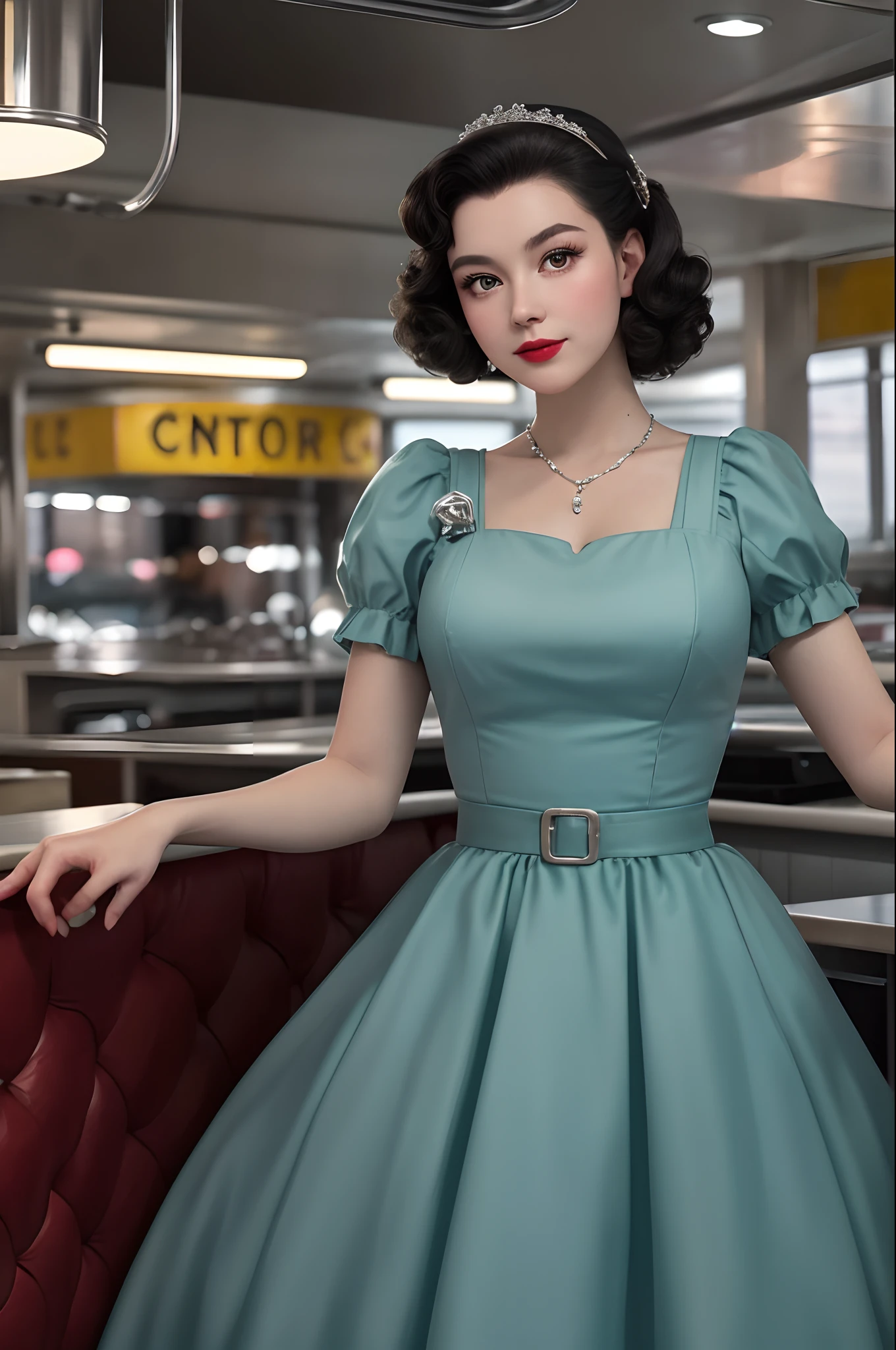 1girl dressed in a 1950s-inspired dress, complete with a full skirt and petticoat, her hair styled in classic pin curls. She should be seated at an old-fashioned diner, surrounded by vintage details like a jukebox, chrome accents, and neon signs. Her eyes should be sparkling with excitement, her skin flawless and glowing under the soft, dramatic lighting. This scene should be captured on 35mm film, with a beautiful depth of field and a slightly blurry, nostalgic background,
filmg,