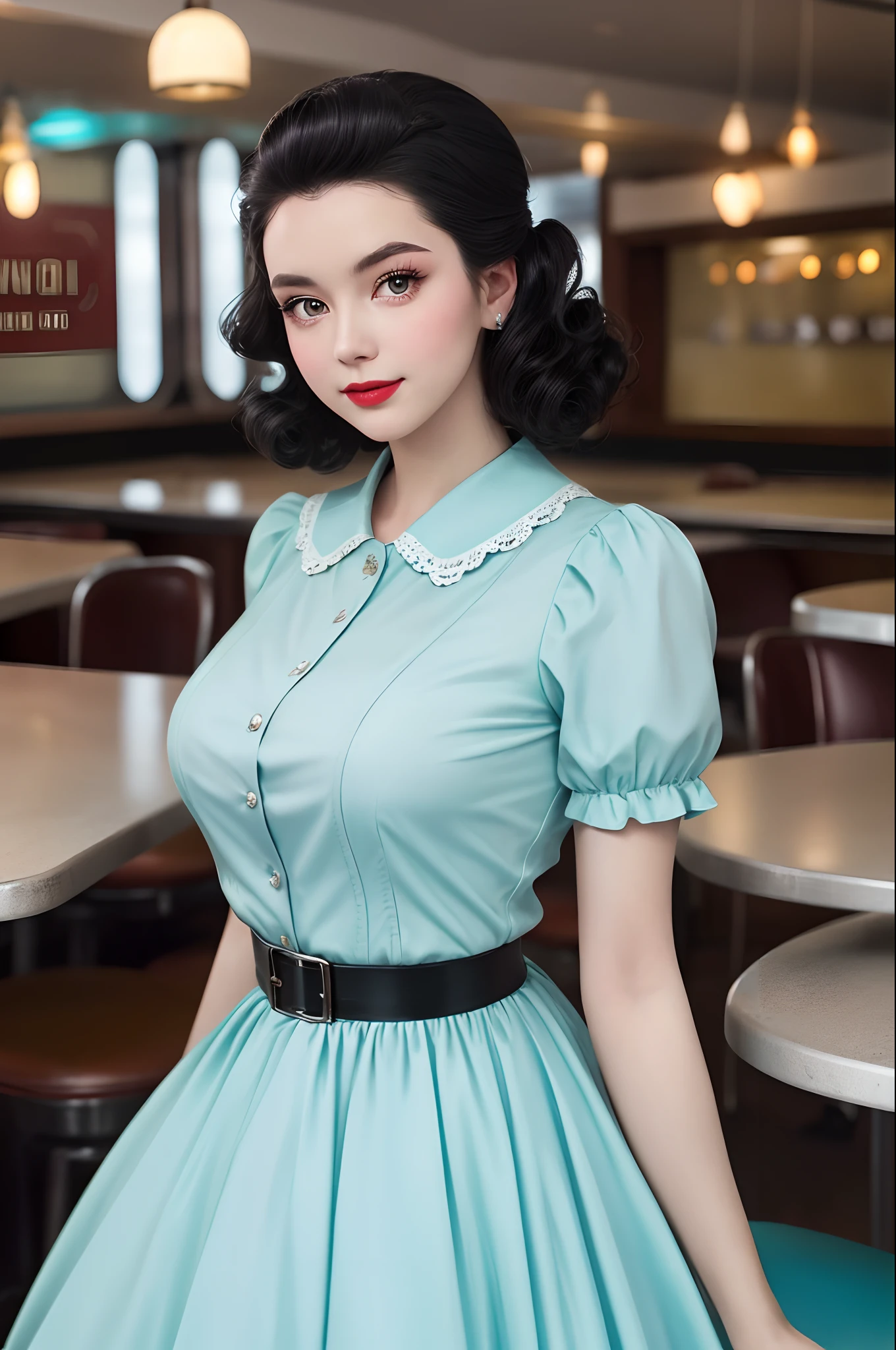 1girl dressed in a 1950s-inspired dress, complete with a full skirt and petticoat, her hair styled in classic pin curls. She should be seated at an old-fashioned diner, surrounded by vintage details like a jukebox, chrome accents, and neon signs. Her eyes should be sparkling with excitement, her skin flawless and glowing under the soft, dramatic lighting. This scene should be captured on 35mm film, with a beautiful depth of field and a slightly blurry, nostalgic background,
filmg,