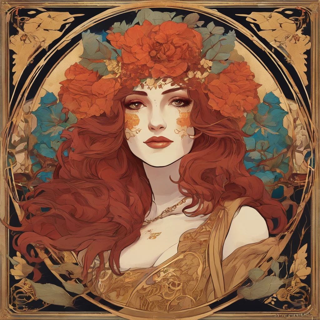 Painting of a red-haired woman with Day of the Dead makeup and a golden dress, Mucha Klimt et Tom Bagshaw, Craig Mullins Alphonse Mucha, Alphonse Mucha et Craig Mullins, Beeple et Alphonse Mucha, Tom Bagshaw Donato Giancola, Krenzcushart, inspired by James C. Christensen, Beaucoup. art nouveau. Gloomhaven