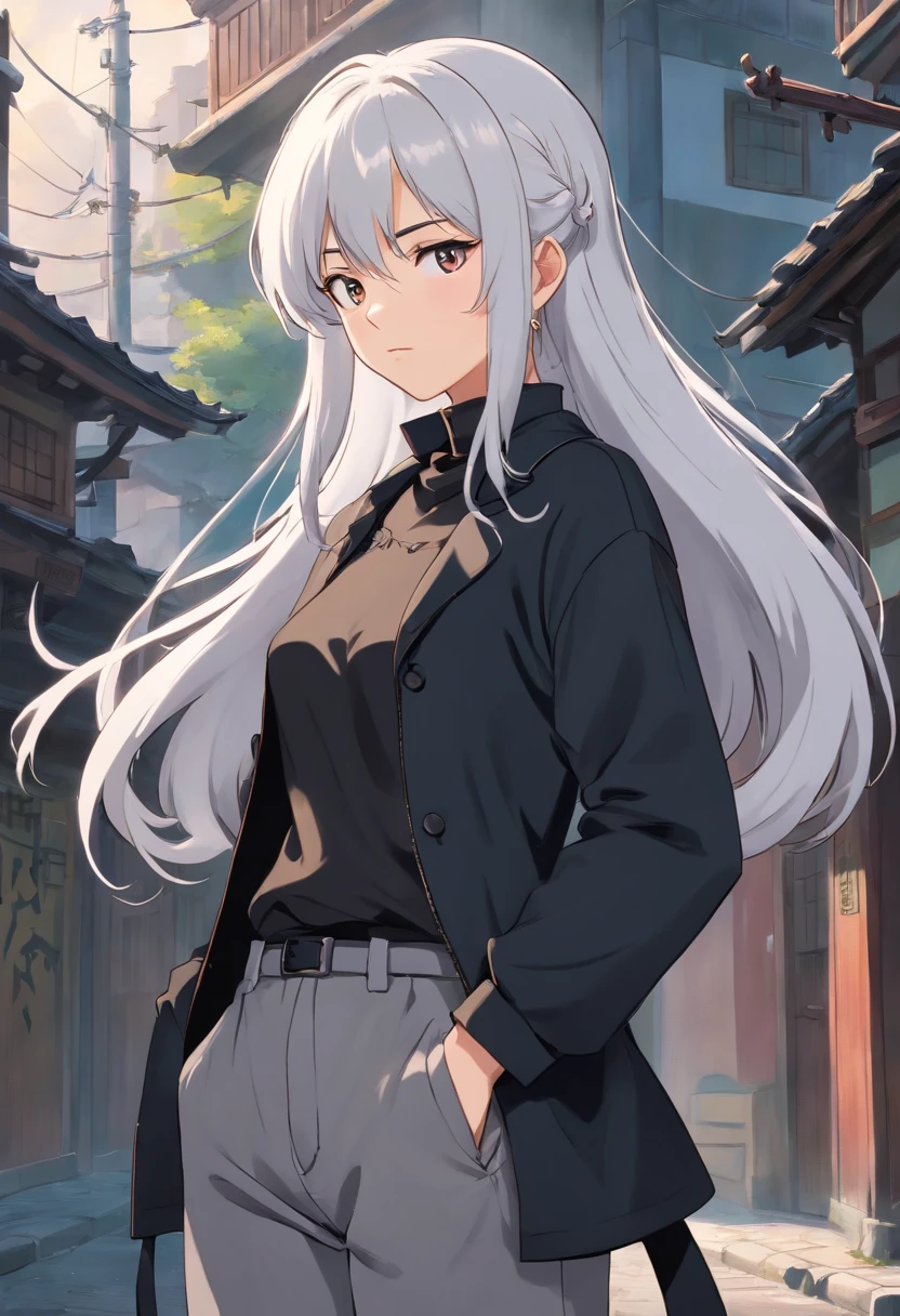 A young woman of with white hair with black details like ponytail black eyes a white apocalypse style blouse with black coat a gray long pants with tired and angry look a relaxed posture