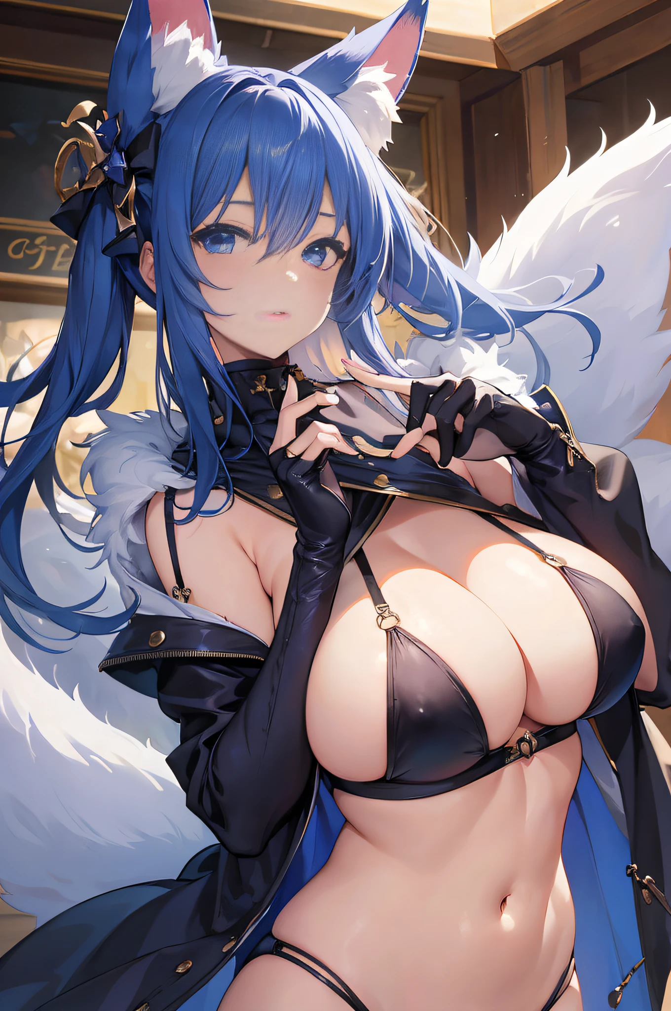 top-quality、masterpiece、masuter piece、Fox ears、Large breasts、Navel Heaven、dynamic ungle