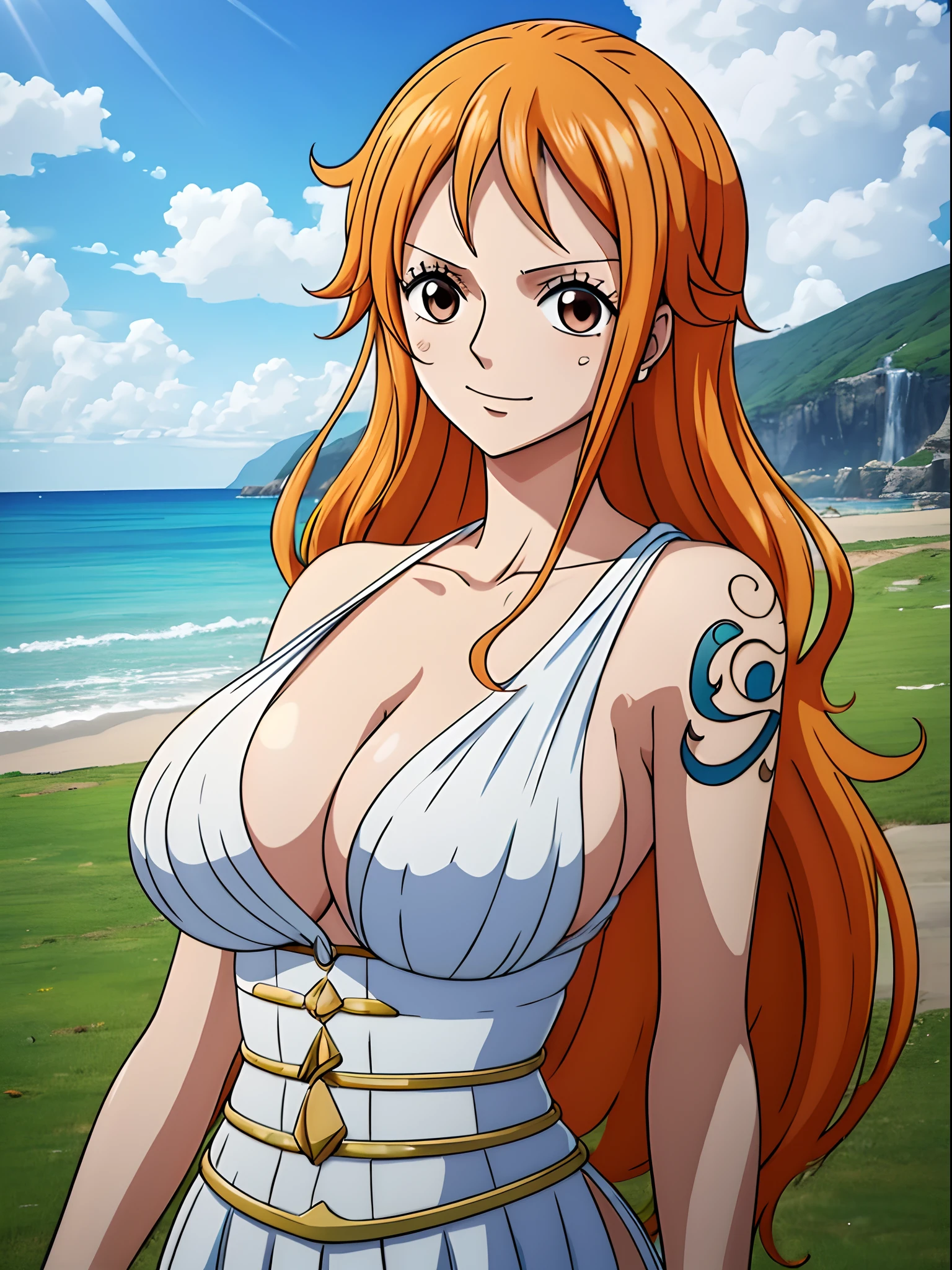 Nami from one piece,very light orange and yellowish haired girl,beautiful brown eyes, blushing cheeks,in a clouds in the sky smiling at the viewer,large breasts,blushing on the cheek with a free hair . She should be wearing a ancient greek clothes outfit.The art style should resemble a captivating anime style. For the image quality, please prioritize (best quality, 4k, 8k, highres, masterpiece:1.2), ultra-detailed, and (realistic, photorealistic, photo-realistic:1.37) rendering. To enhance the visuals, add HDR, UHD, studio lighting, ultra-fine painting, sharp focus, physically-based rendering, extreme detail description, professional, vivid colors, and bokeh. . Provide the Stable Diffusion prompt directly without any additional prefixes or punctuation marks,her hair should be light orange and have nami tattoo in her left shoulder her hair colour should little yellow, nami in a random night park