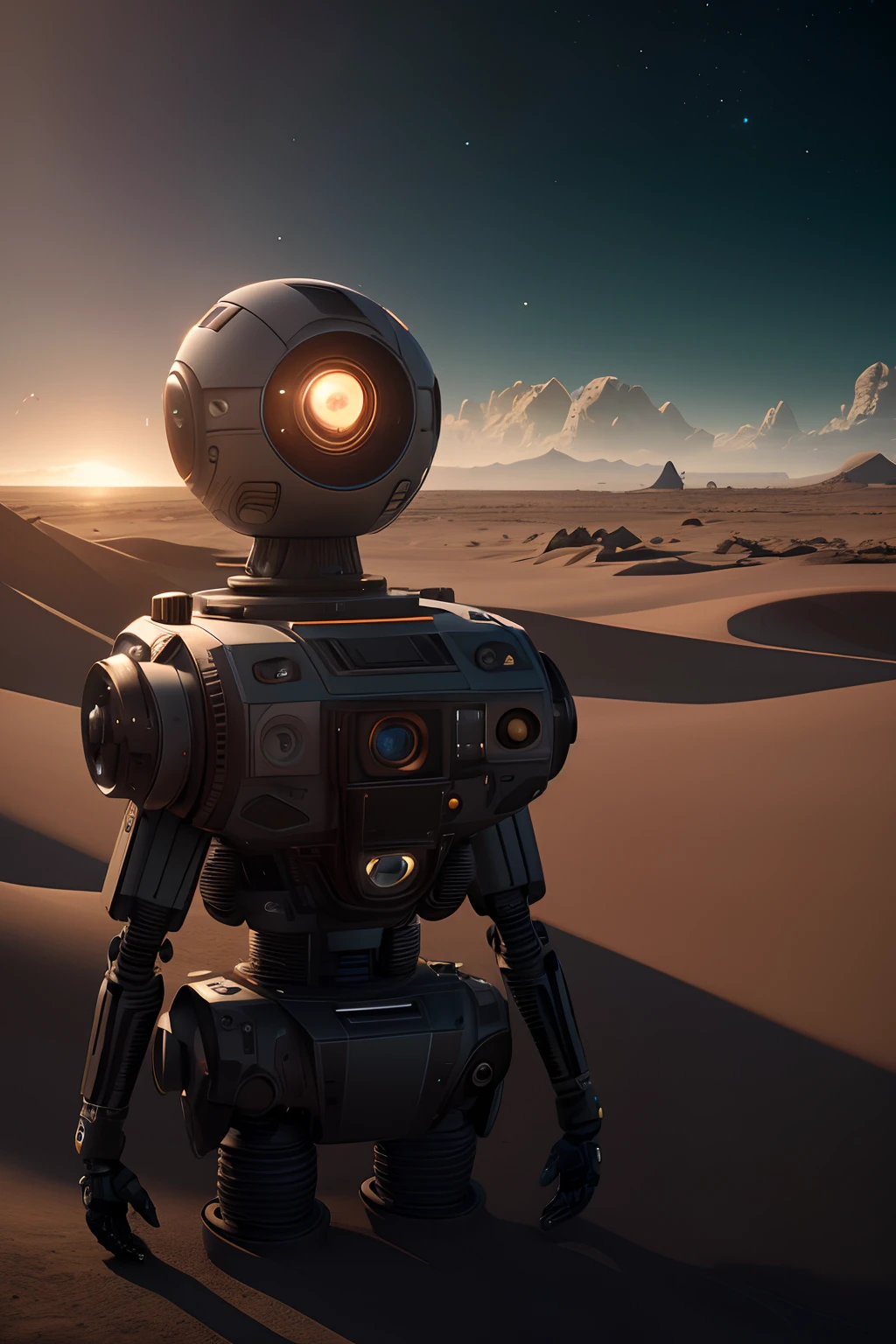 A robot exploring a deserted planet 8k uhd, dslr, film grain, Fujifilm XT3, (best quality:1.3), (masterpiece:1.1), high resolution, cinematic light, intricate details, (photorealistic)