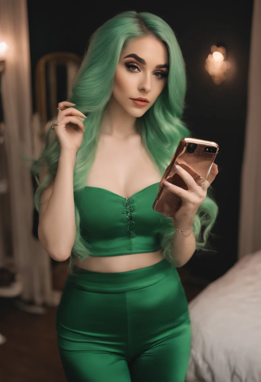 woman with green hair taking a selfie in a mirror, 18 years old, nude, totlly nude, amouranth, 1 6 , belle delphine, 1 8 yo, cutecore, better known as amouranth, ava max, 21 years old, tinyest midriff ever, 2 2 years old
