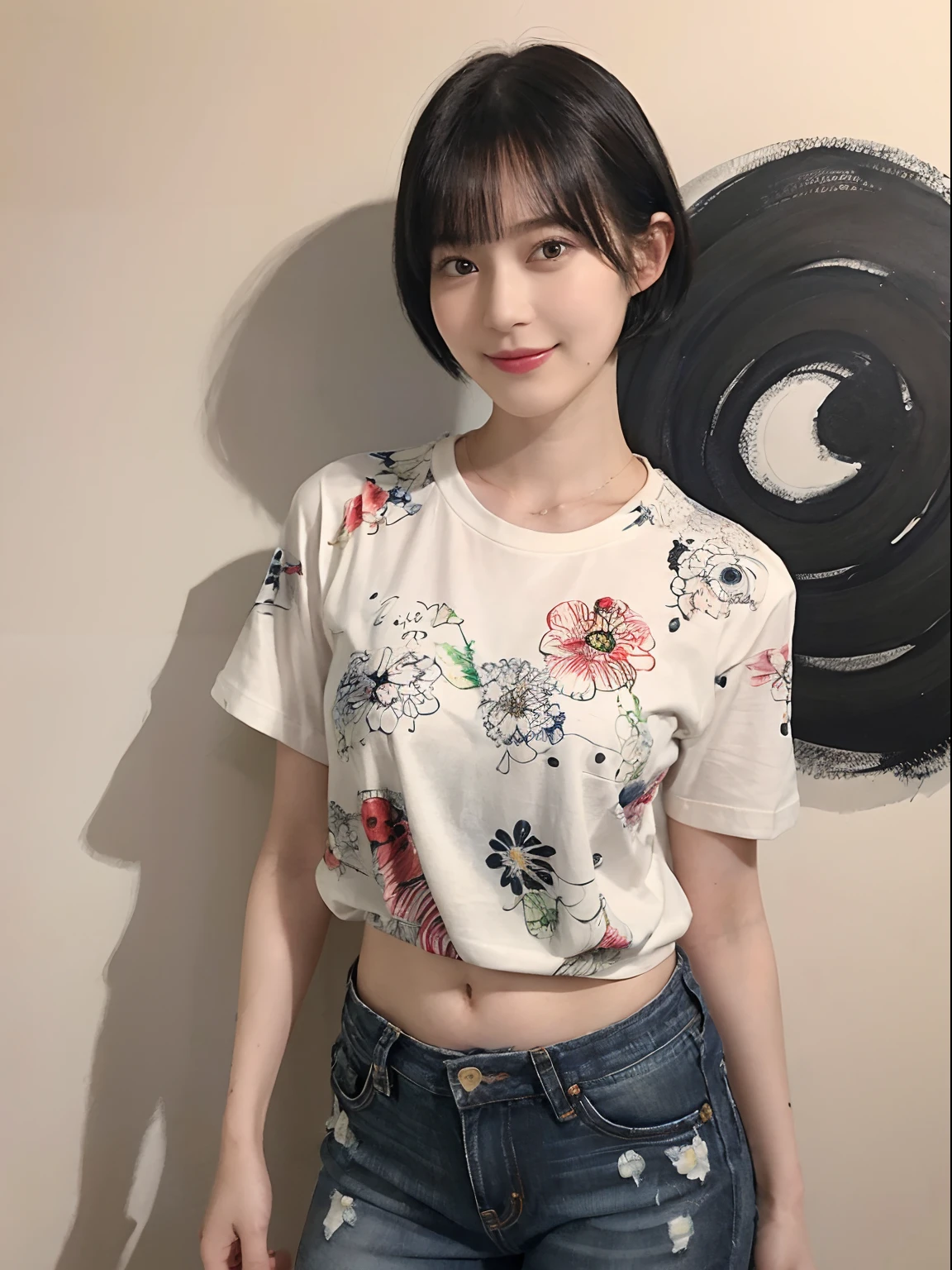(Black Shorthair:1.2), (a 20 yo woman), (A hyper-realistic), (Masterpiece), (8KUHD), A slight smil, Slender waist, Wearing jeans, ((Floral Clothing - T-Shirts)), large full breasts, Wearing long pants, abstract painting, (doodle:1.46)