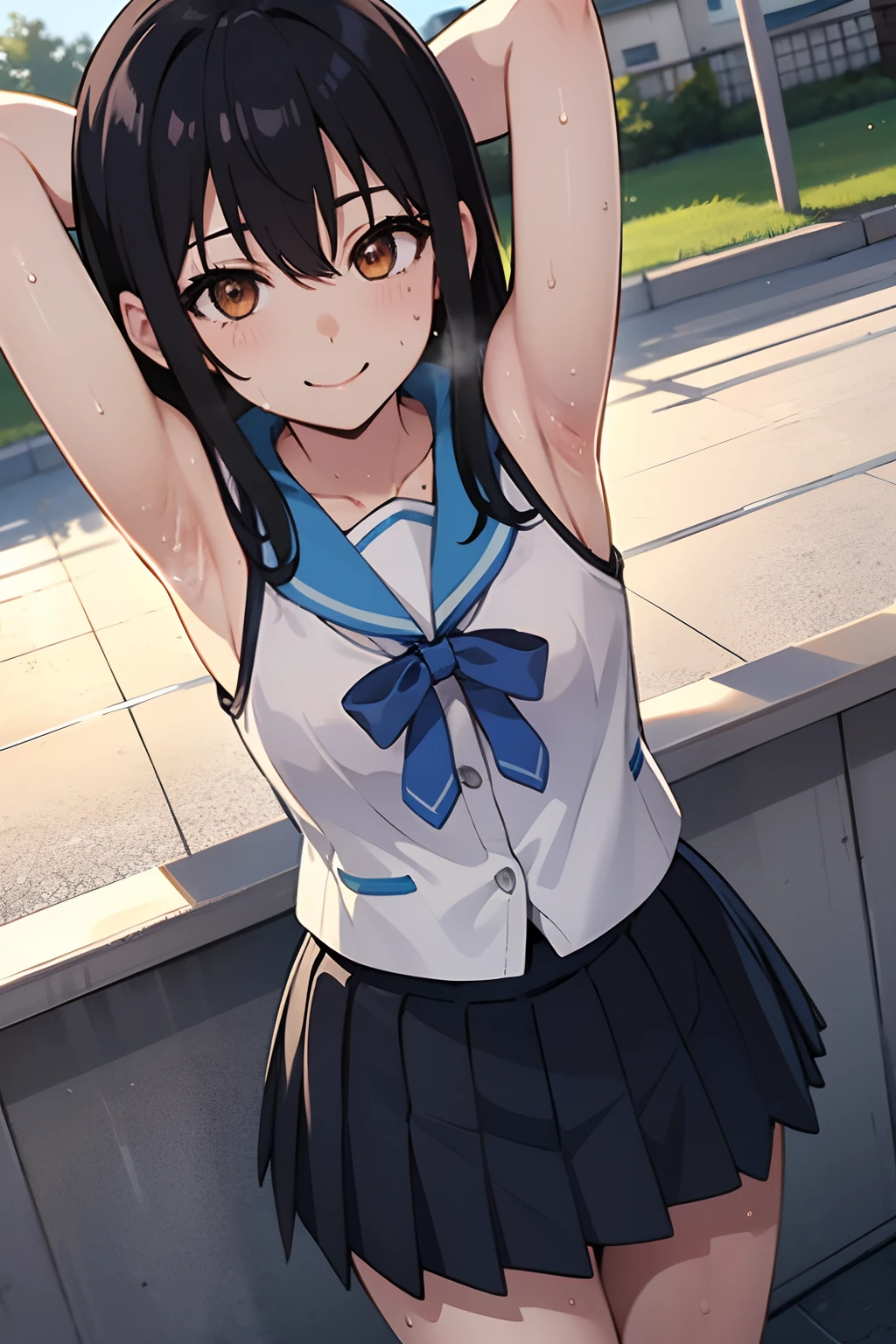 Yukina Himeragi 、Black bra、school uniform、Blue pleated skirt),a smile,armpits,cowboy shot、from above,looking at viewer,Sunlight,Residential area,(sweaty skin:1.3)