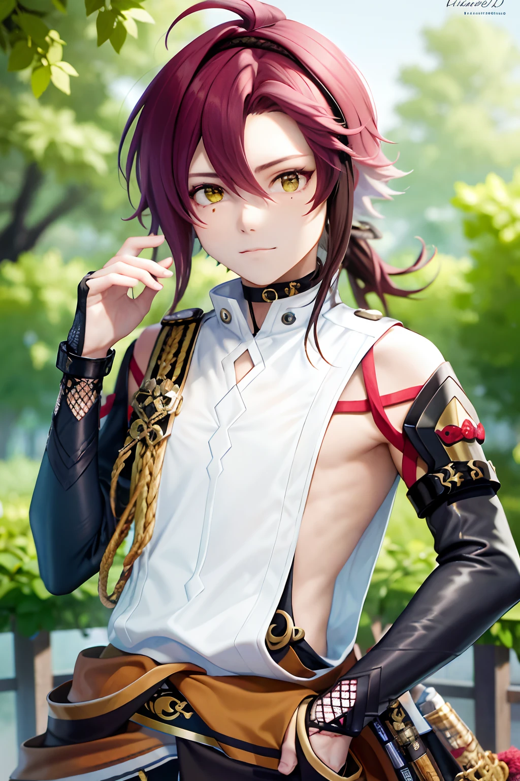 masterpiece, best quality,Shikanoin Heizou (genshin impact), 1boy, male focus, kurokote, green eyes, kote, multicolored hair, mole under eye, red hair, solo, mole, black choker, japanese armor, looking at viewer, choker, armor, streaked hair, aiguillette, sleeveless, ahoge, long hair, low ponytail,(kbxll:0.6)