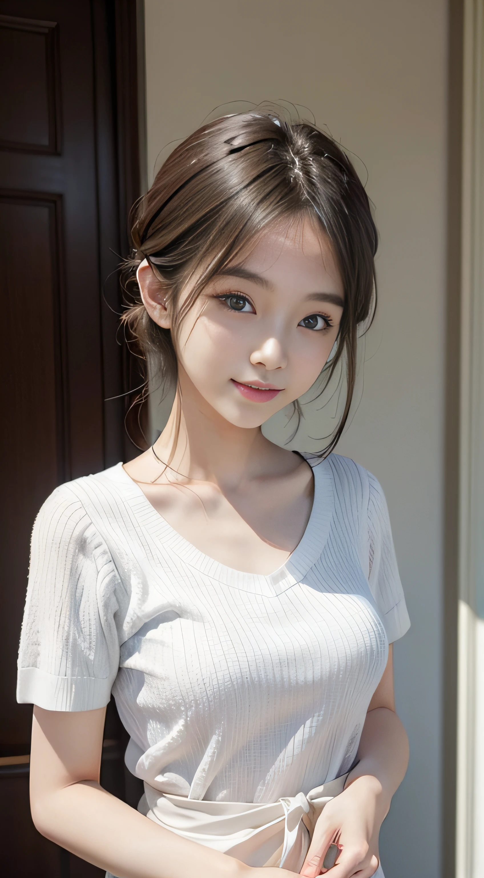 masterpiece、Top image quality:1.2、((beautiful young woman with))、Transparent skin:1.2、{A slight smil}、(kawaii)、Short sleeve knit、luxury hotel、depth of fields