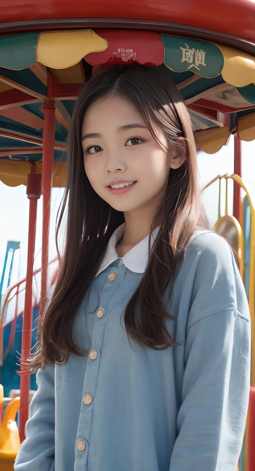 (top-quality、masterpiece:1.2)、Best Quality、realisitic、photoshot、hight resolution、1080p、8K、Textured skin、Physical Rendering、1 Japan Girls、High 、kawaii、Young Face、Rolled hair、(An amusement park:1.5)、Autumn outfit:1.5、full of shyness、smil、Big