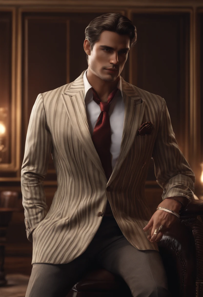 (extremely detailed CG unity 8k wallpaper),(masterpiece), (best quality), (ultra-detailed), (best illustration),(best shadow), bedroom background, standing, ,BREAK, TMP, character sitting in a chair with arm raised, dark hair (neck length hair tied in a ponytail), nice pose, handsome man, pretty face, royal elegant pose, business man, (in a striped blazer), (The surrounding environment is a luxurious and classic living room) (sand tone image)