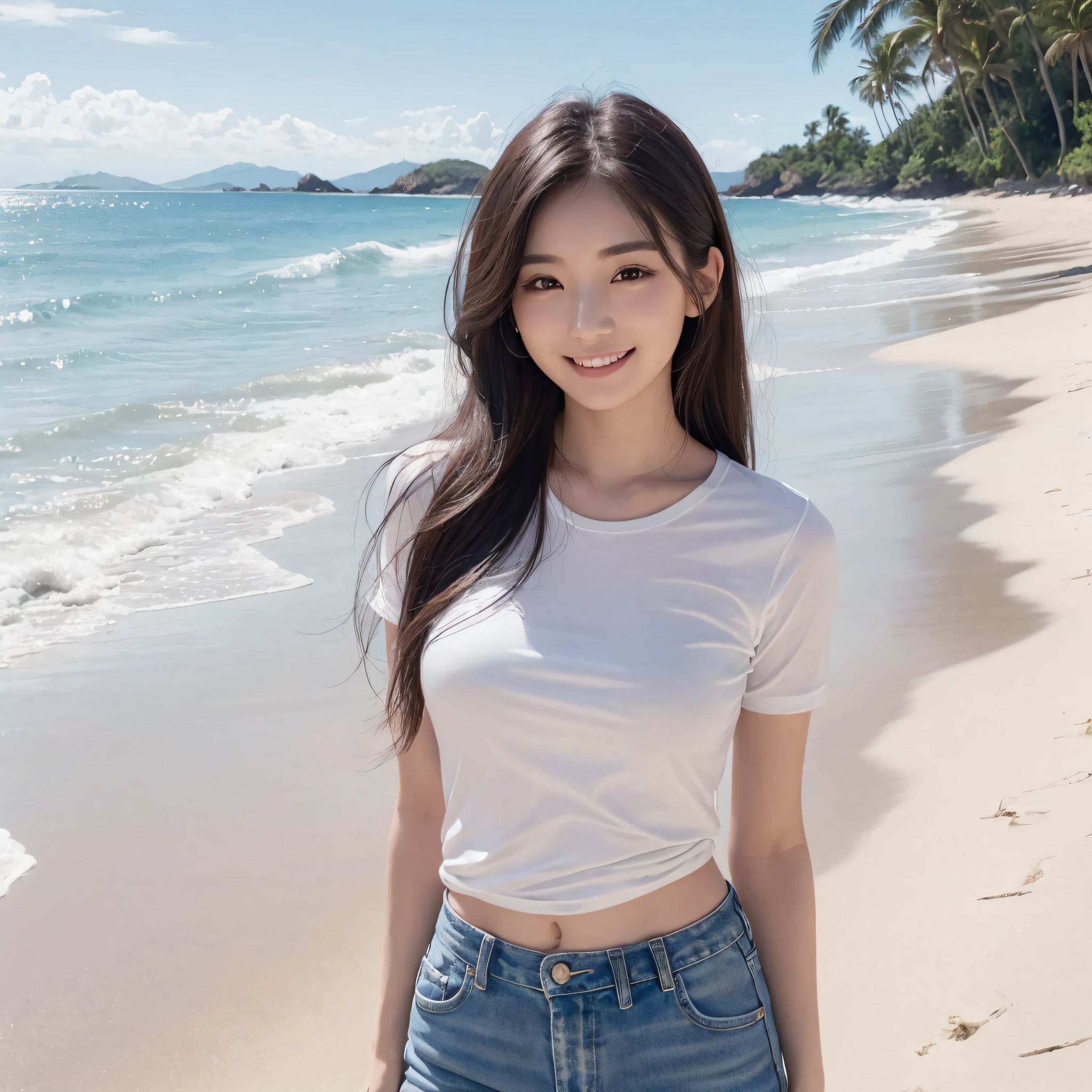 One lady、((best qualtiy、8k masterpieces:1.3))、foco nítido:1.2、(ultra beautiful faces:1.0)、(shinny skin:1.0)、photos realistic、A dark-haired、Video Lighting、High-definition eyes and face、Video Lighting、Japan Idol Actress、from the front side、medium breasts、Smile、Slender Abs Beauty、Whole body、wearing t-shirts、On the beach in the morning