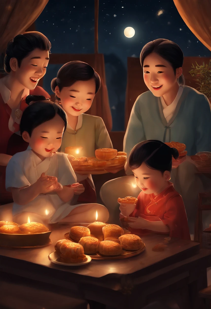 (top-quality、8K、tmasterpiece:1.3)、Full moon and stars in sky illustration,The family sits together eating mooncakes,Mom and dad laugh with the kids,Grandpa and grandma laughed together, Have in the living room、Bright house scene,extremely detailed face and skin,Heartwarming scene,perfect detail