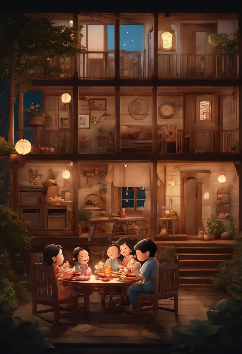 (top-quality、8K、tmasterpiece:1.3)、Full moon and stars in sky illustration，The family sits together eating mooncakes,Mom and dad laugh with the kids，Grandpa and grandma laughed together, Have in the living room、Bright house scene，extremely detailed face and skin，Heartwarming scene，perfect  detail