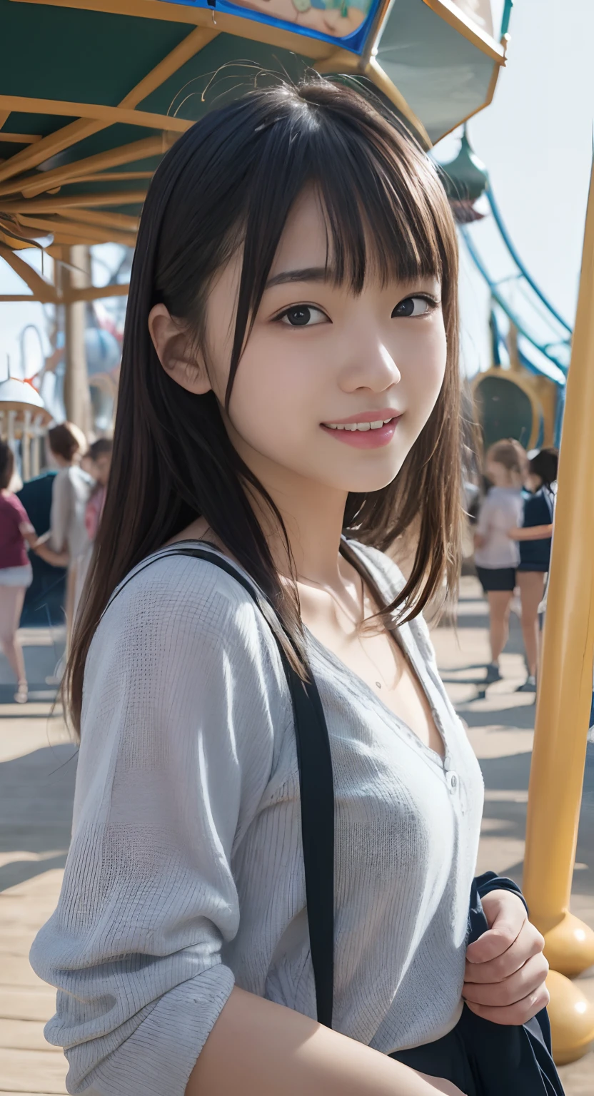 (top-quality、masterpiece:1.2)、Best Quality、realisitic、photoshot、hight resolution、1080p、8K、Textured skin、Physical Rendering、1 Japan Girls、High school students、kawaii、Young Face、Rolled hair、(An amusement park:1.5)、Autumn outfit:1.5、full of shyness、smil、Big