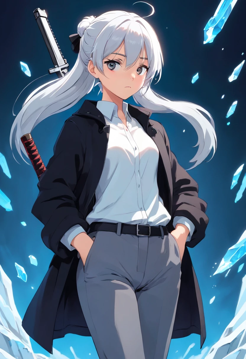 A young woman of 17 years with white hair with black details like ponytail black eyes a white apocalypse style blouse with black coat a long gray pants with a tired and angry look a relaxed posture holding a white pistol with light blue details with ice power