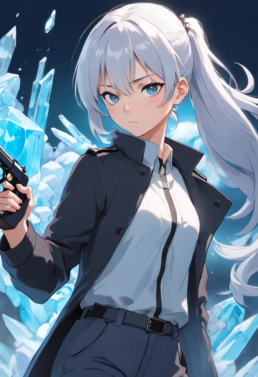 A young woman of 17 years with white hair with black details like ponytail black eyes a white apocalypse style blouse with black coat a long gray pants with a tired and angry look a relaxed posture holding a white pistol with light blue details with ice power
