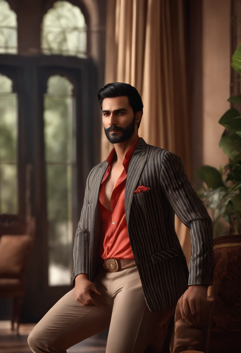 (extremely detailed CG unity 8k wallpaper),(masterpiece), (best quality), (ultra-detailed), (best illustration),(best shadow), bedroom background, standing, ,BREAK, TMP, character standing with arm straight, dark hair (neck length hair tied in a ponytail), nice pose, handsome man, pretty face, Indian face, beard face, royal elegant pose, business man, (in a striped blazer), (The surrounding environment is a luxurious and classic living room) (sand tone image)